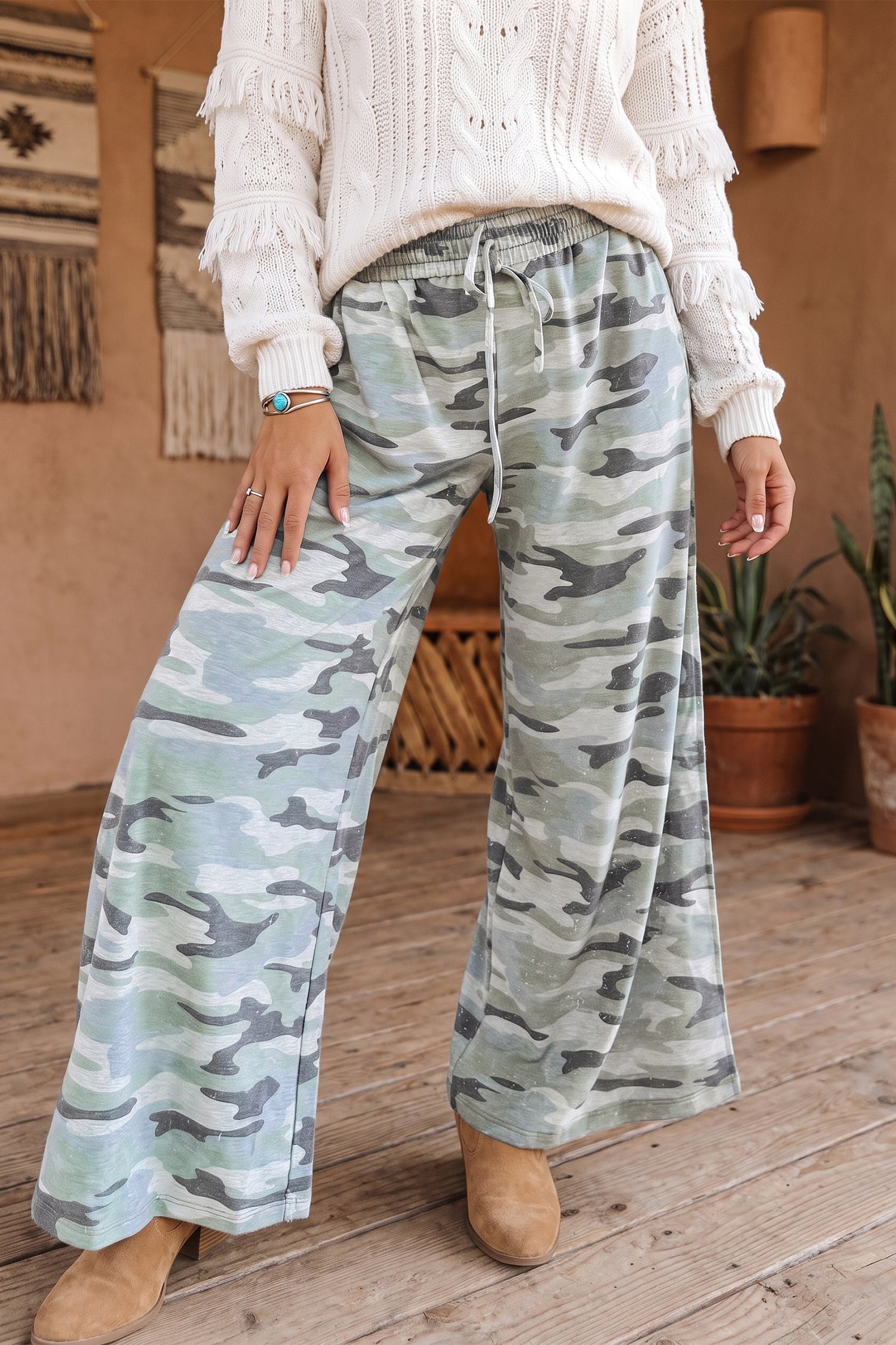 Camo Wide-Leg Tie Elastic Waist Everyday Pants in Green