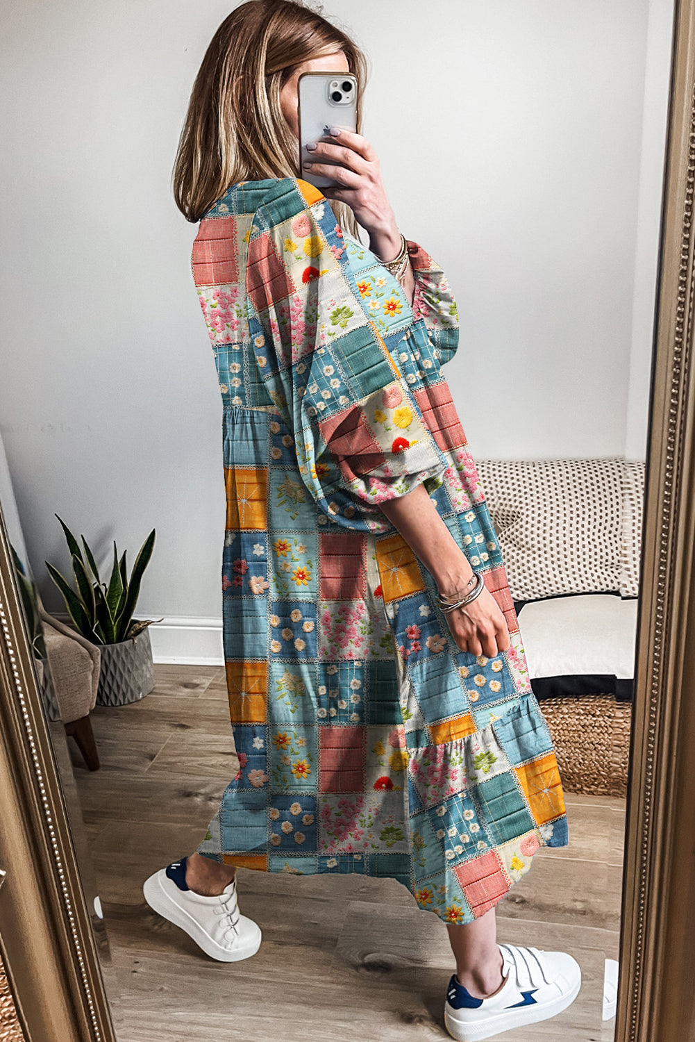 Checkered Mix Floral Pattern Bubble Sleeve Ruffle Hem Dress