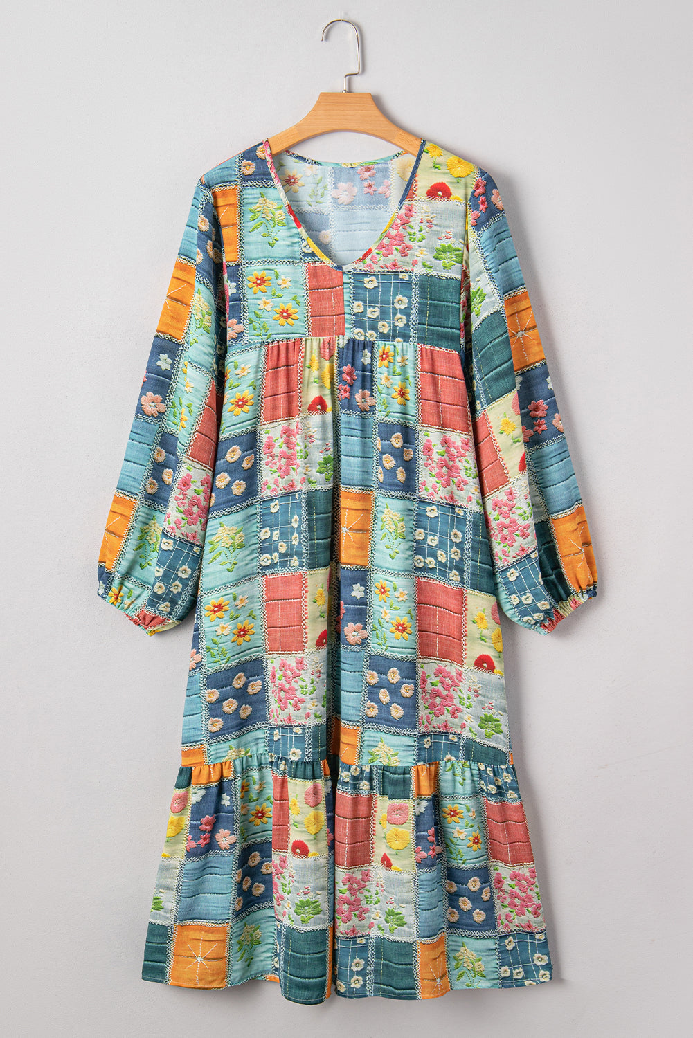 Checkered Mix Floral Pattern Bubble Sleeve Ruffle Hem Dress