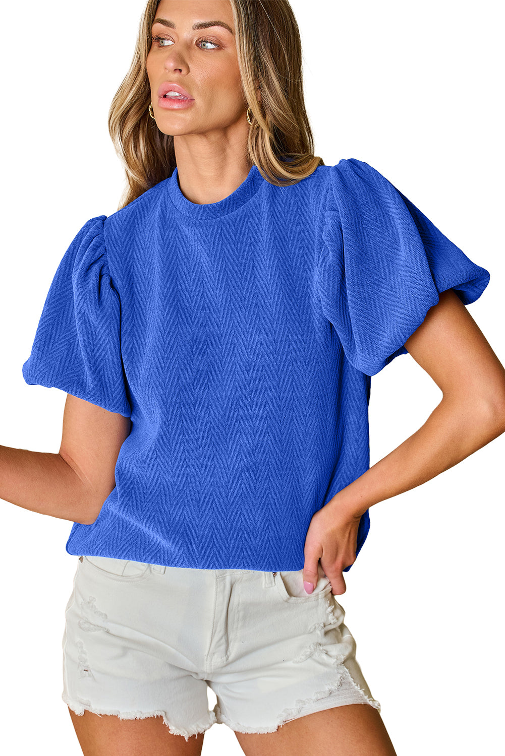 Women's Blouse Featuring Balloon Sleeve Mock Neck