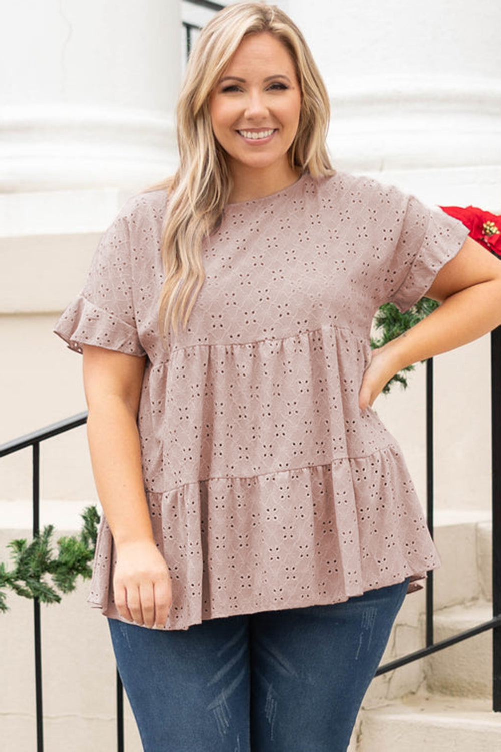 Babydoll Top for Women Plus Size Eyelet Pattern Ruffle-Trimmed Sleeve