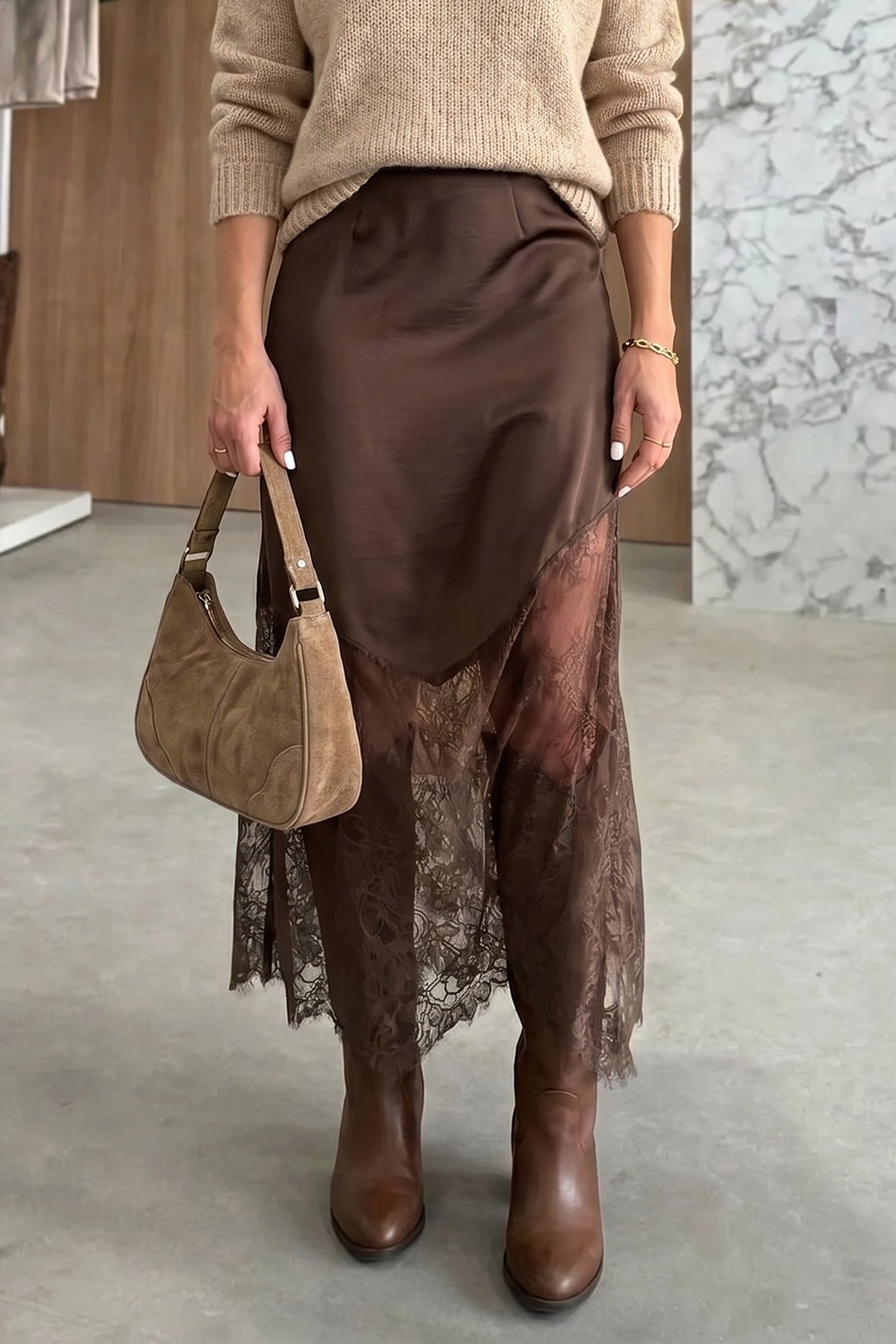 Everyday Lace Dark Brown Patchwork Hem Shift Long Skirt