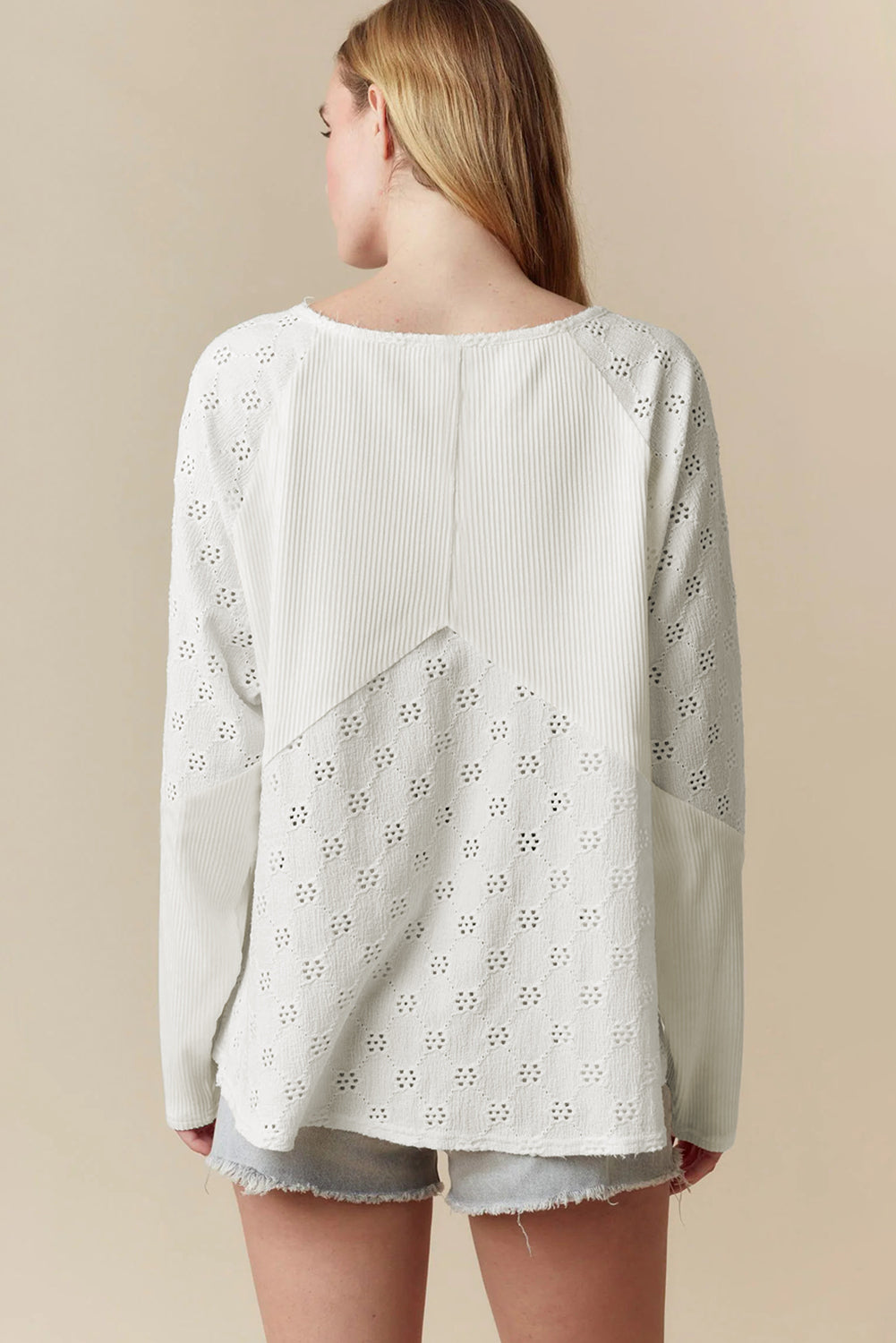 Twisted Embroidered Rib Patchwork Loose V-Neck Long-Sleeved Top