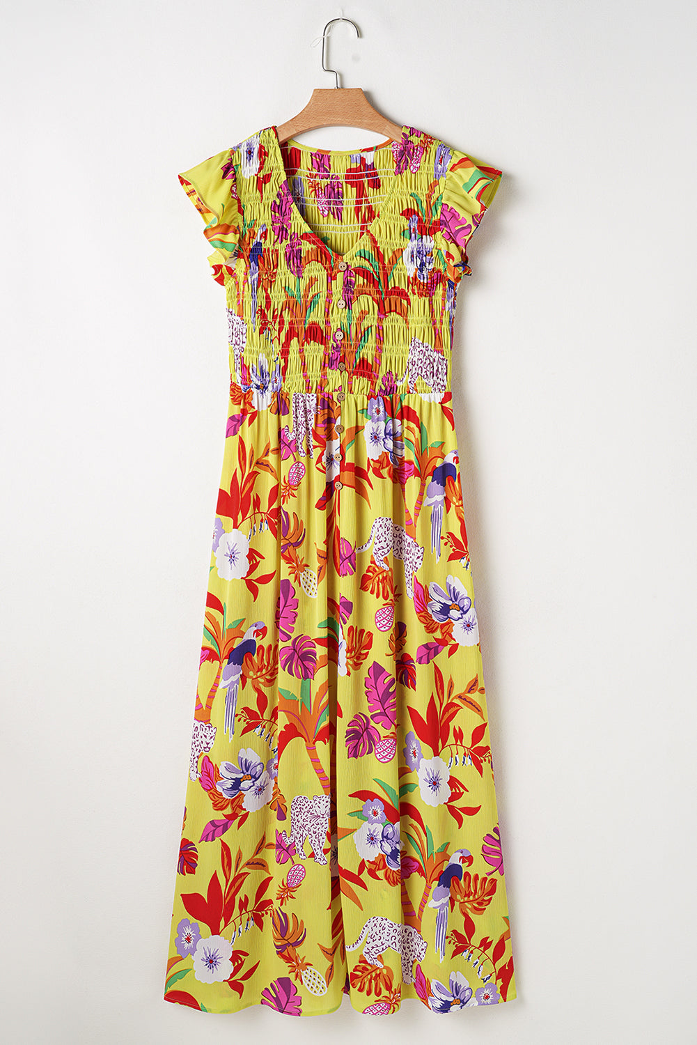 Yellow Cheetah Plant Print Shirred Button Maxi Dress