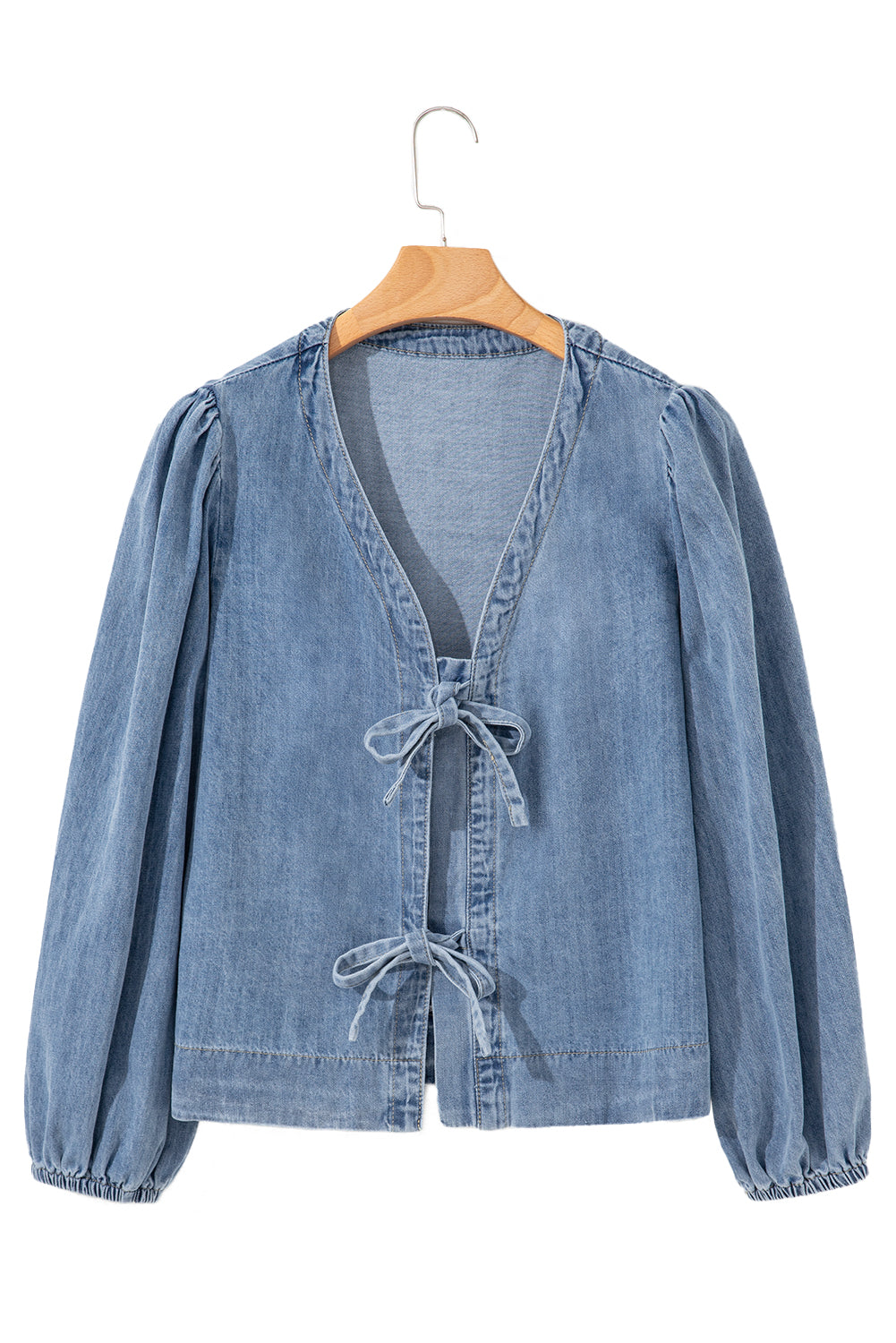Tied Puff Front Long Sleeve Denim Top