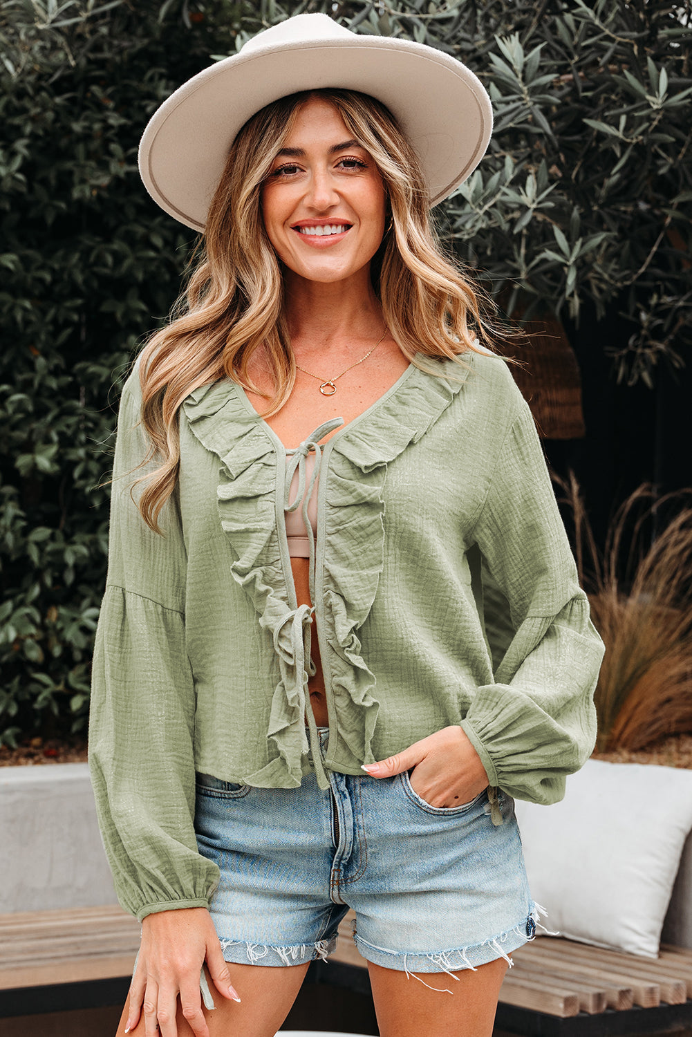 Bow Ruffle Tie Front Trim V-Neck Long-Sleeved Gauze Blouse