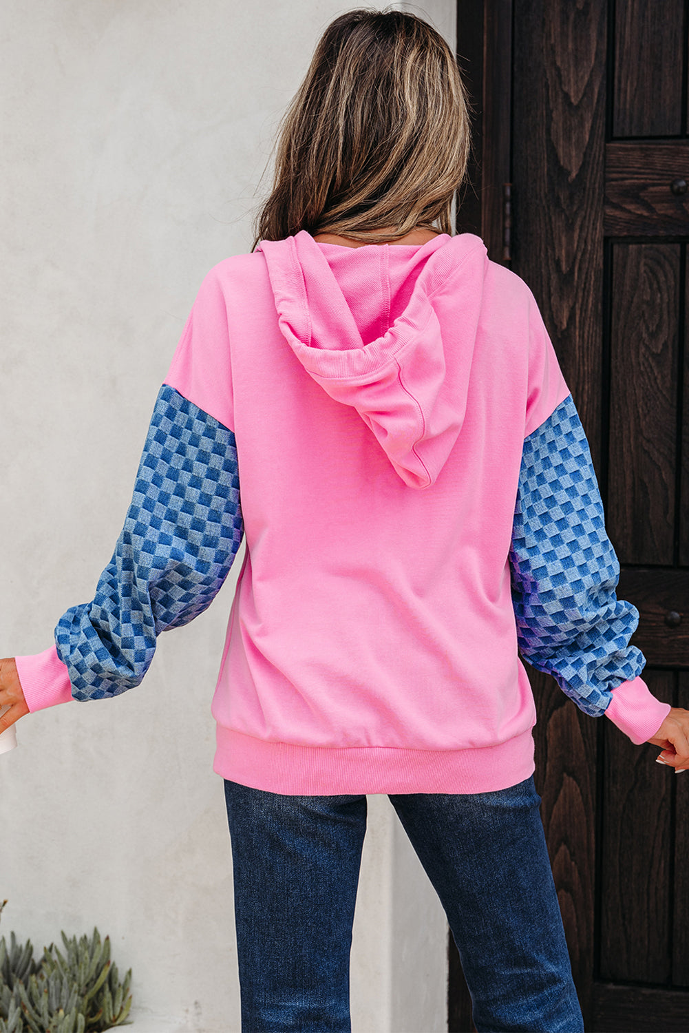 Patchwork Kangaroo Checkered Kangaroo Pocket Half Zip Hoodie