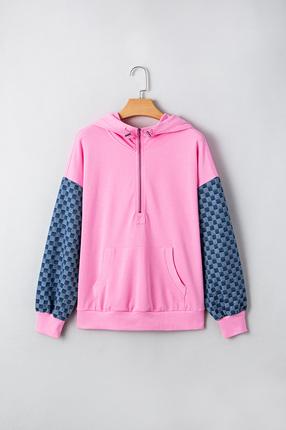 Patchwork Kangaroo Checkered Kangaroo Pocket Half Zip Hoodie