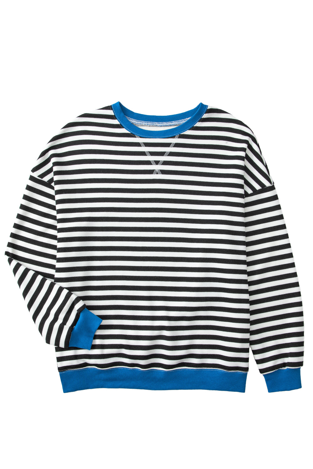 Striped Contrast Rib-Knit Trim Crossed Stitch Drop-Shoulder Sweatshirt