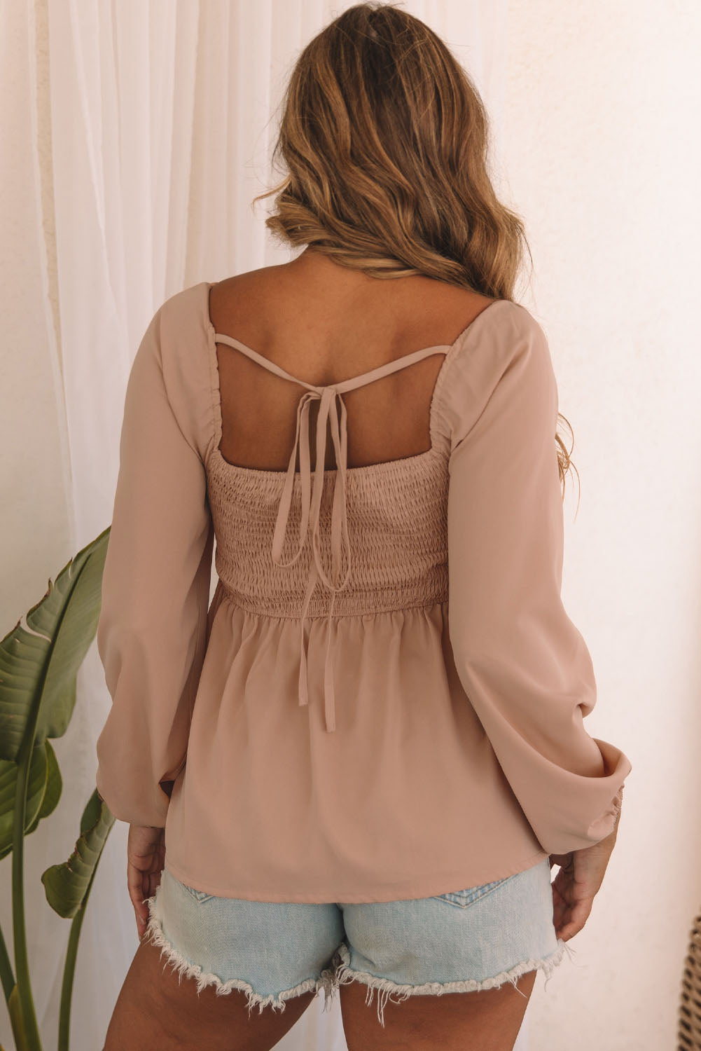 Women's Notched V Neck Shirred Back Peplum Blouse