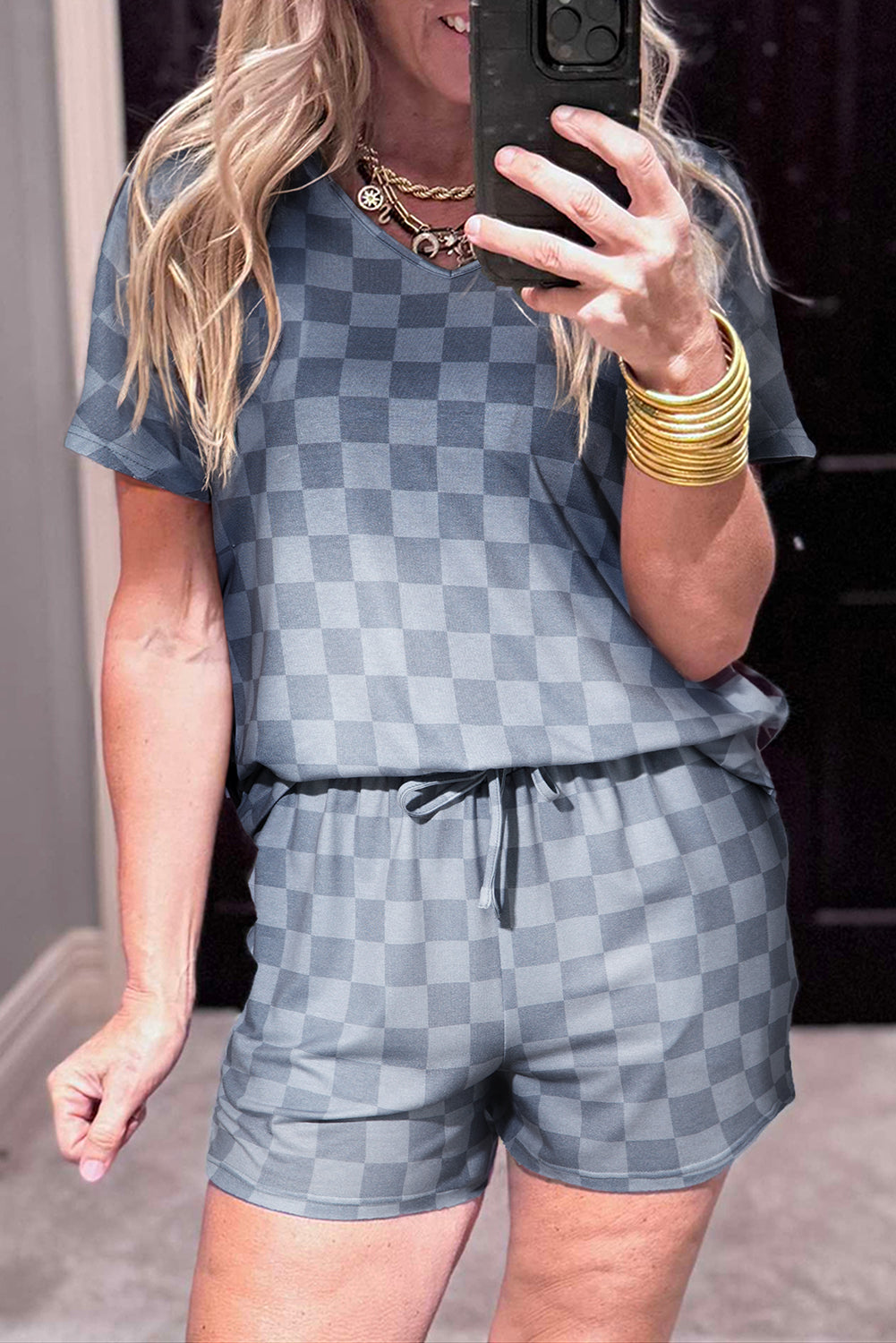 Checkered V-Neck Tee Drawcord Shorts Lounge Set in Gray