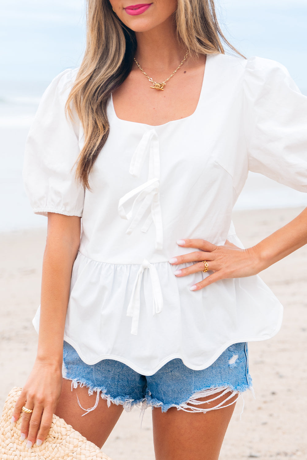 Bow Knot Decor Square Neck Puff Sleeve Peplum Top in White