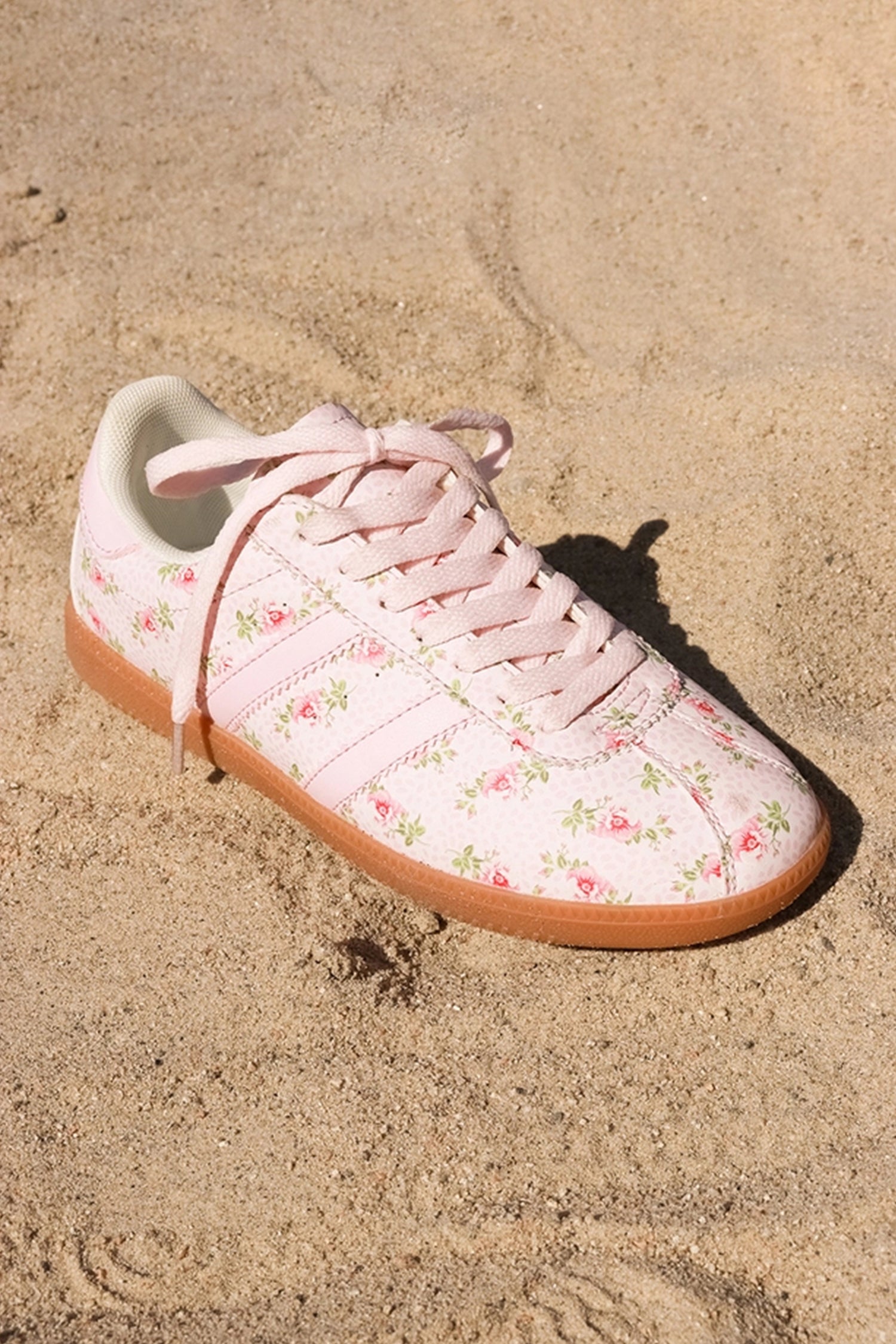 PU Floral-Print Lace-up Leather Flat Shoes in Light Pink