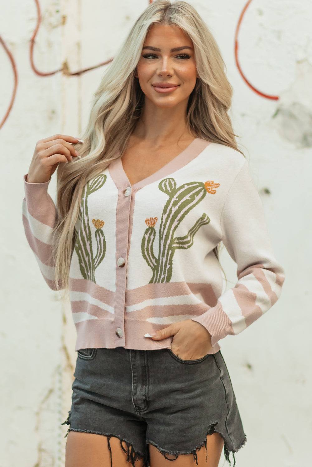 Button-Front Desert Cactus Cardigan Knit Top