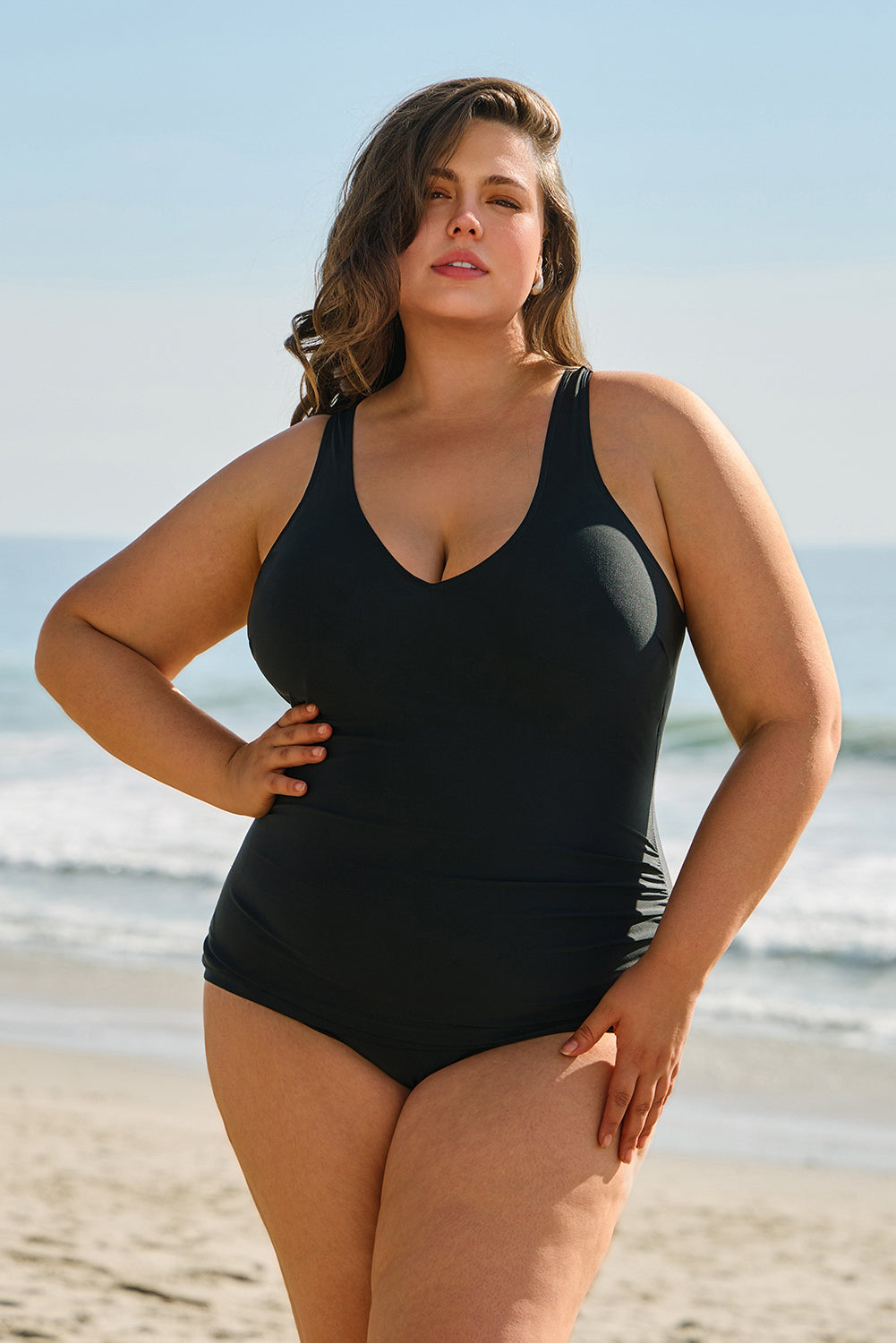 Black U Neck Padded Plus Size One Piece Swimsuit