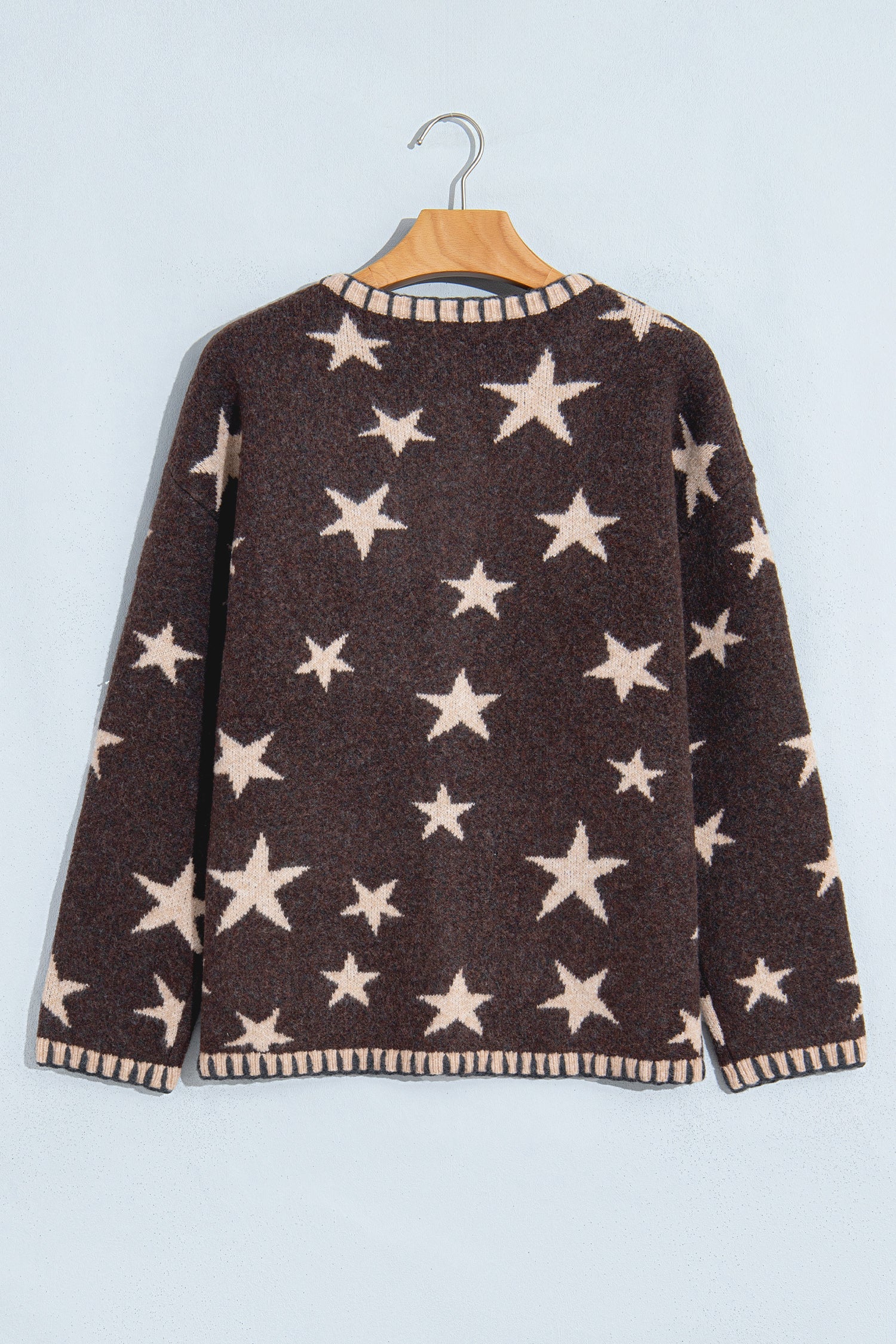Stars Pattern Colorblock Long-Sleeved Shift Wool Cardigan in Brown