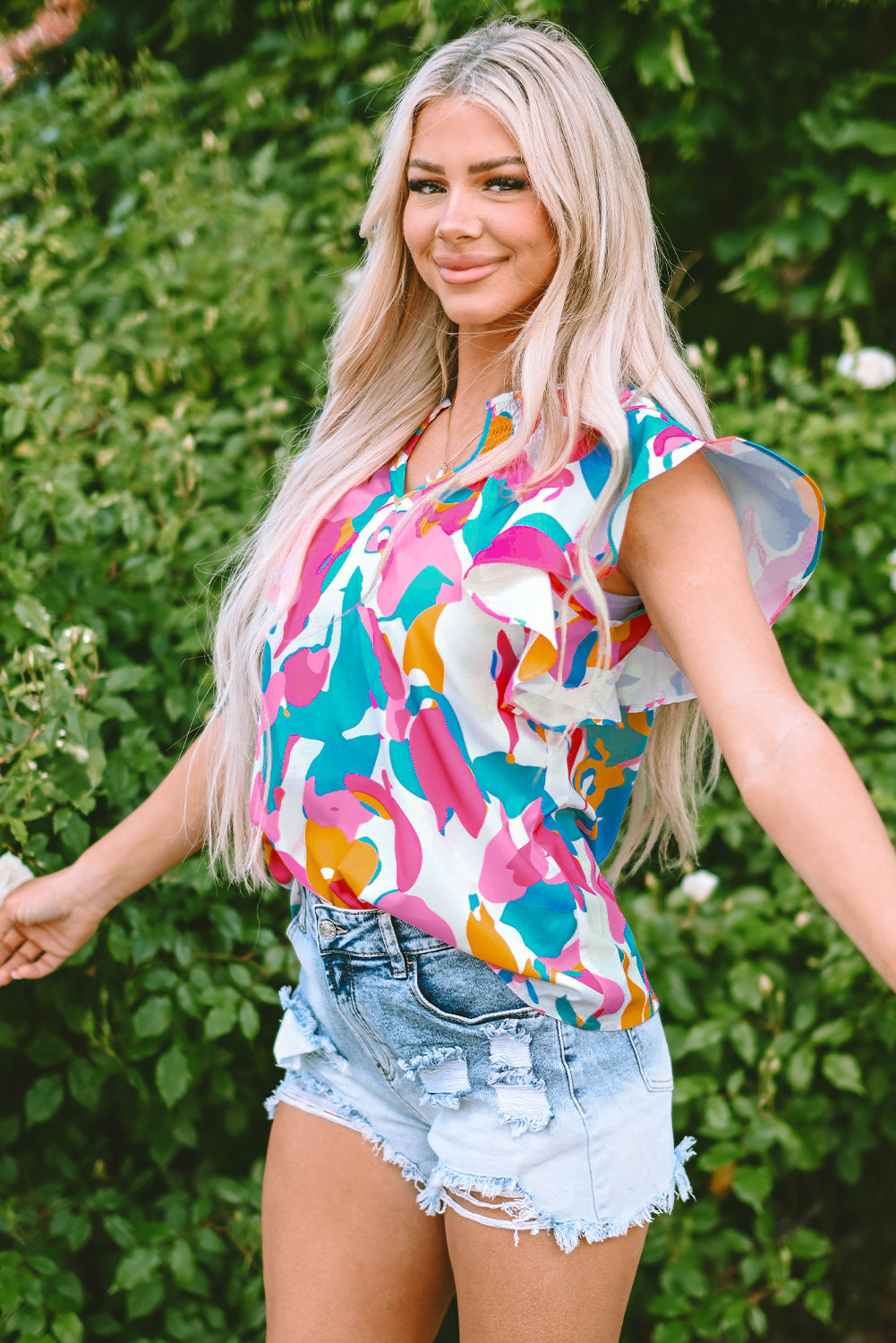 Women's Blouse with Abstract Print Notched Neck Flutter Sleeve