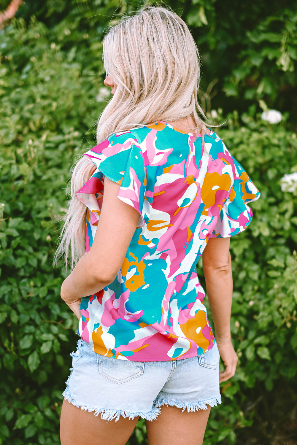 Women's Blouse with Abstract Print Notched Neck Flutter Sleeve