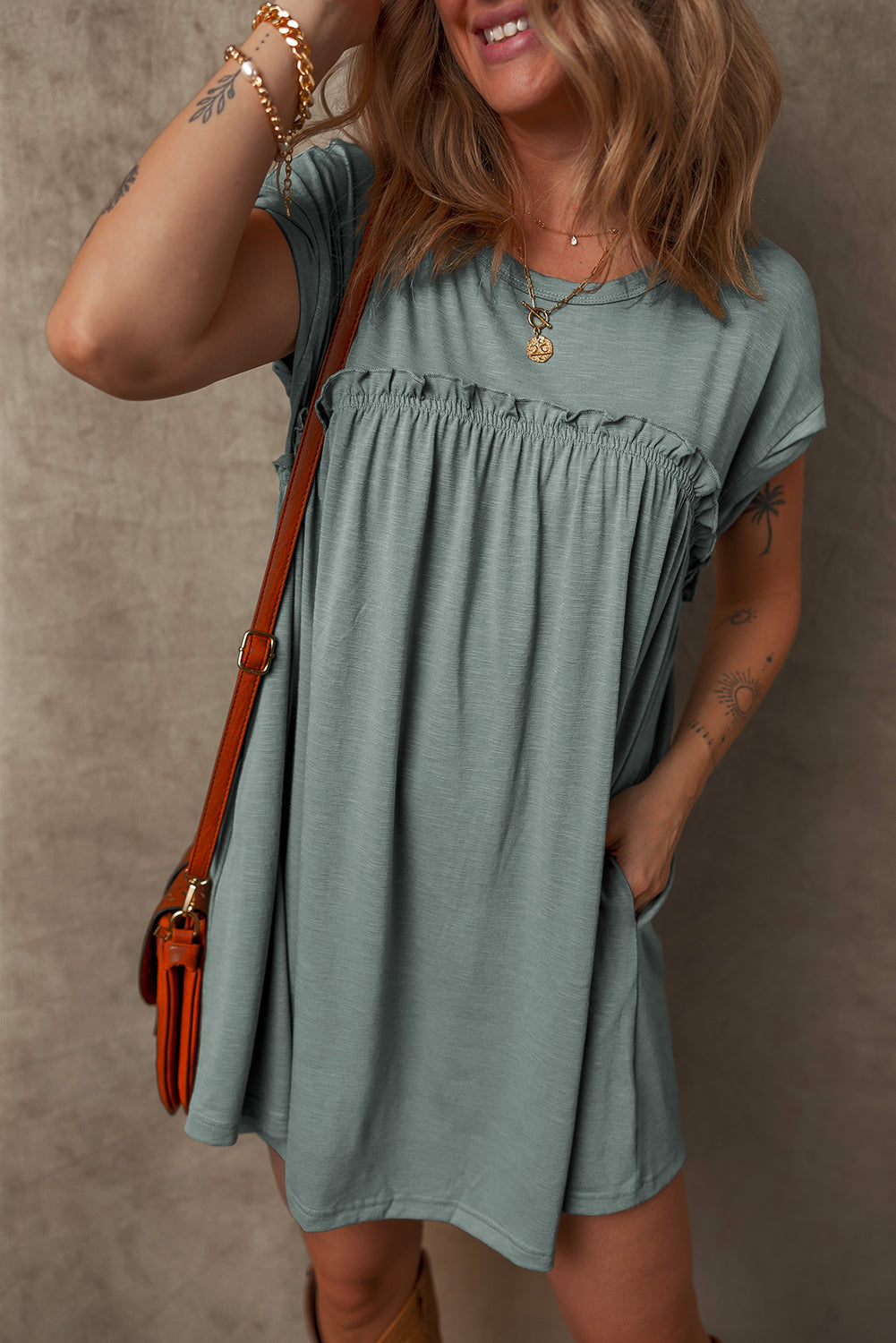 Frilled Gathered Seam T Shirt Dress