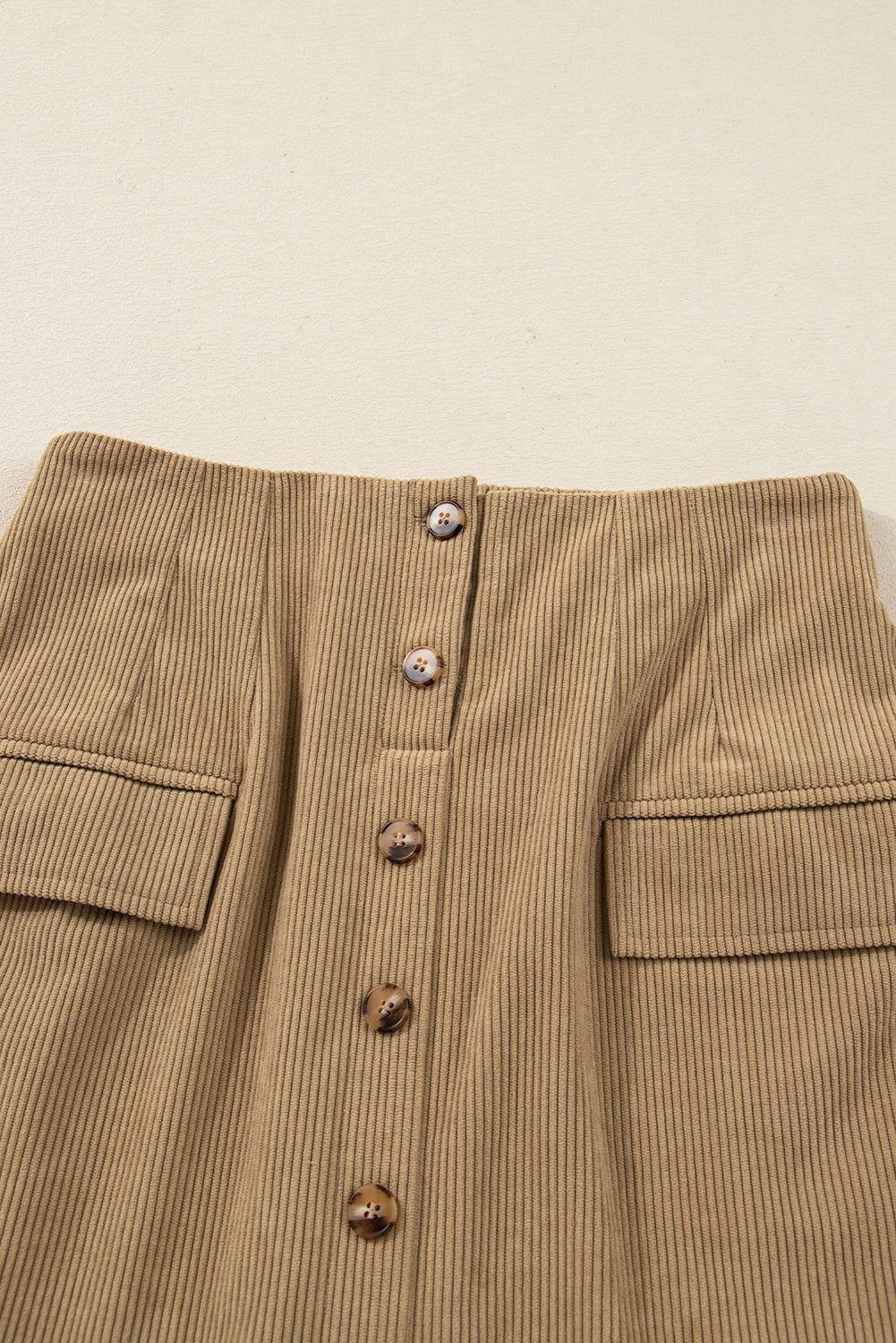 Button-Front Camel Corduroy Faux Pockets Mini Skirt