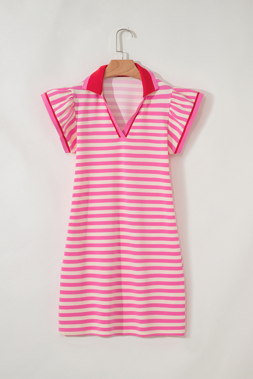 Contrast Stripe Print Collar Split Neck Flutter Sleeve Short Dress in Pink