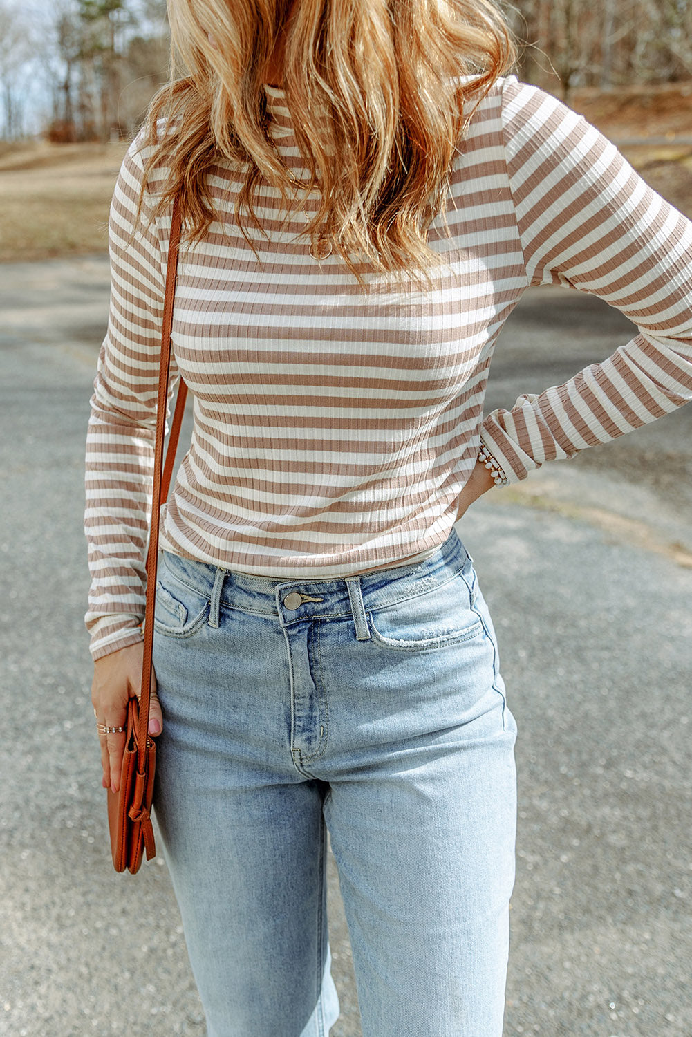 Women's Long-Sleeve Striped Textured Knitted Tee