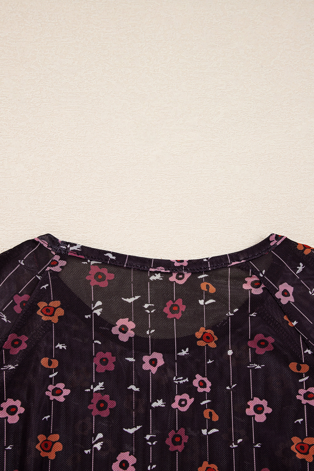 Smocked Cuff Floral-Print Cuff Slim Fit Mesh Bodysuit