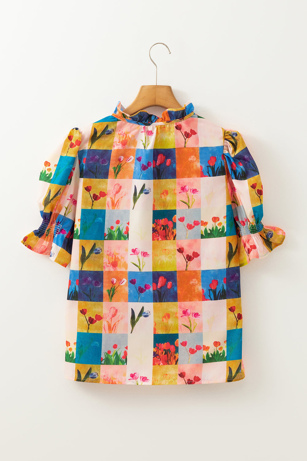 Floral Checker Print Ruffled Short Puff Sleeve Blouse
