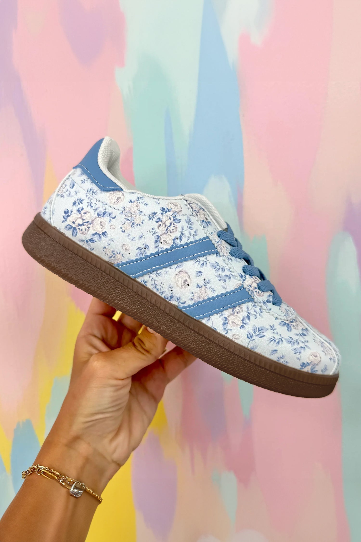Lace-up PU Floral-Print PU Leather Flat Shoes in Light Blue