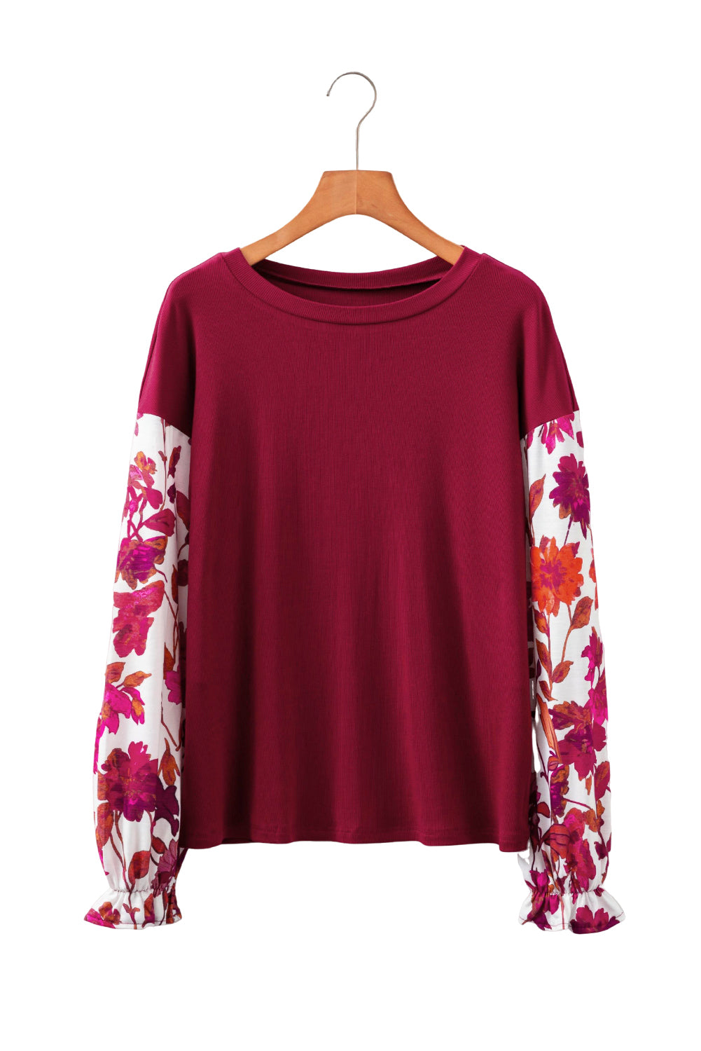 Contrast Solid Floral Sleeve Rib-Knit Long-Sleeved Top