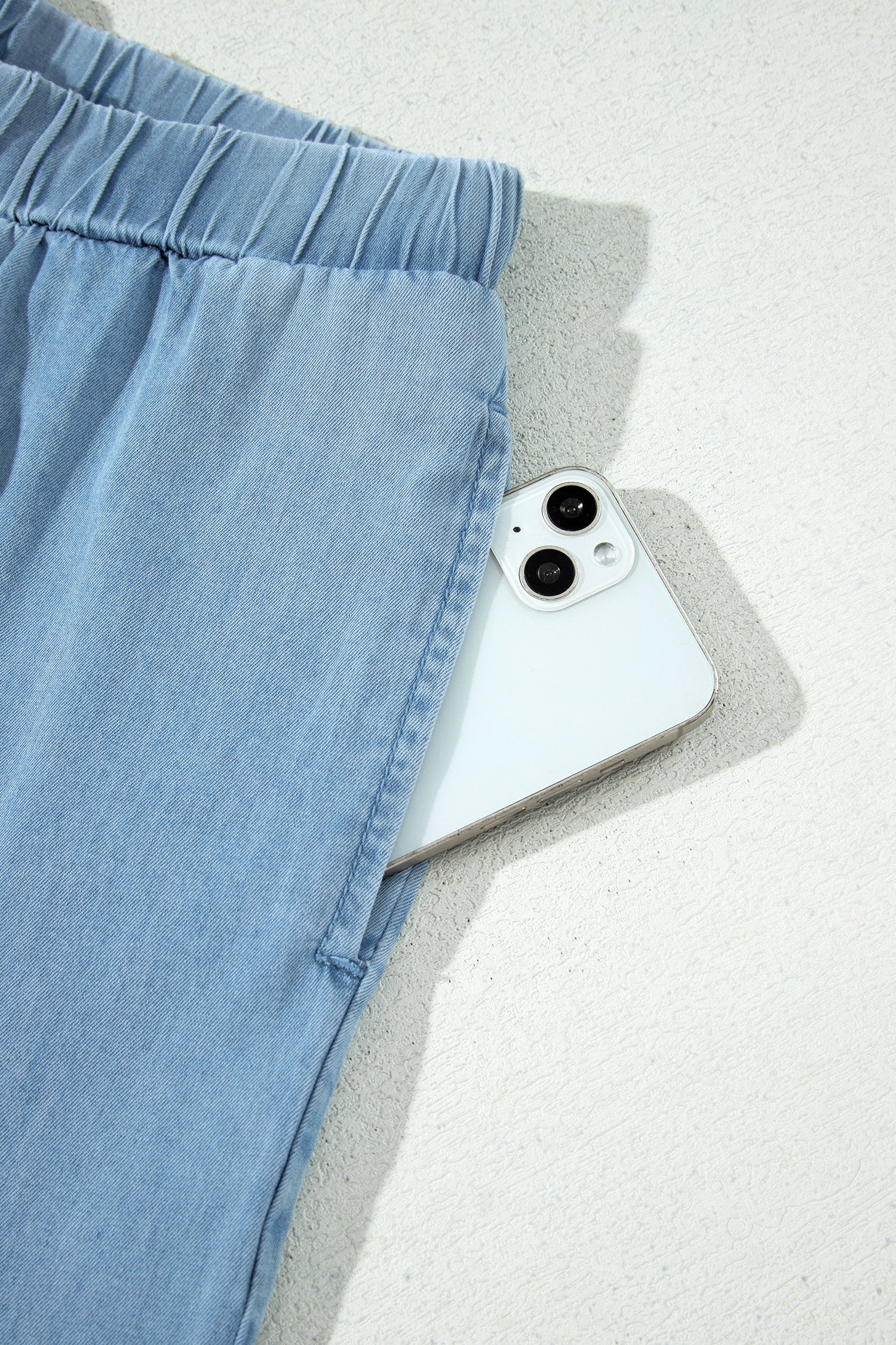 Everyday Ruffled Beau Blue Hem Wide-Leg Chambray Pants