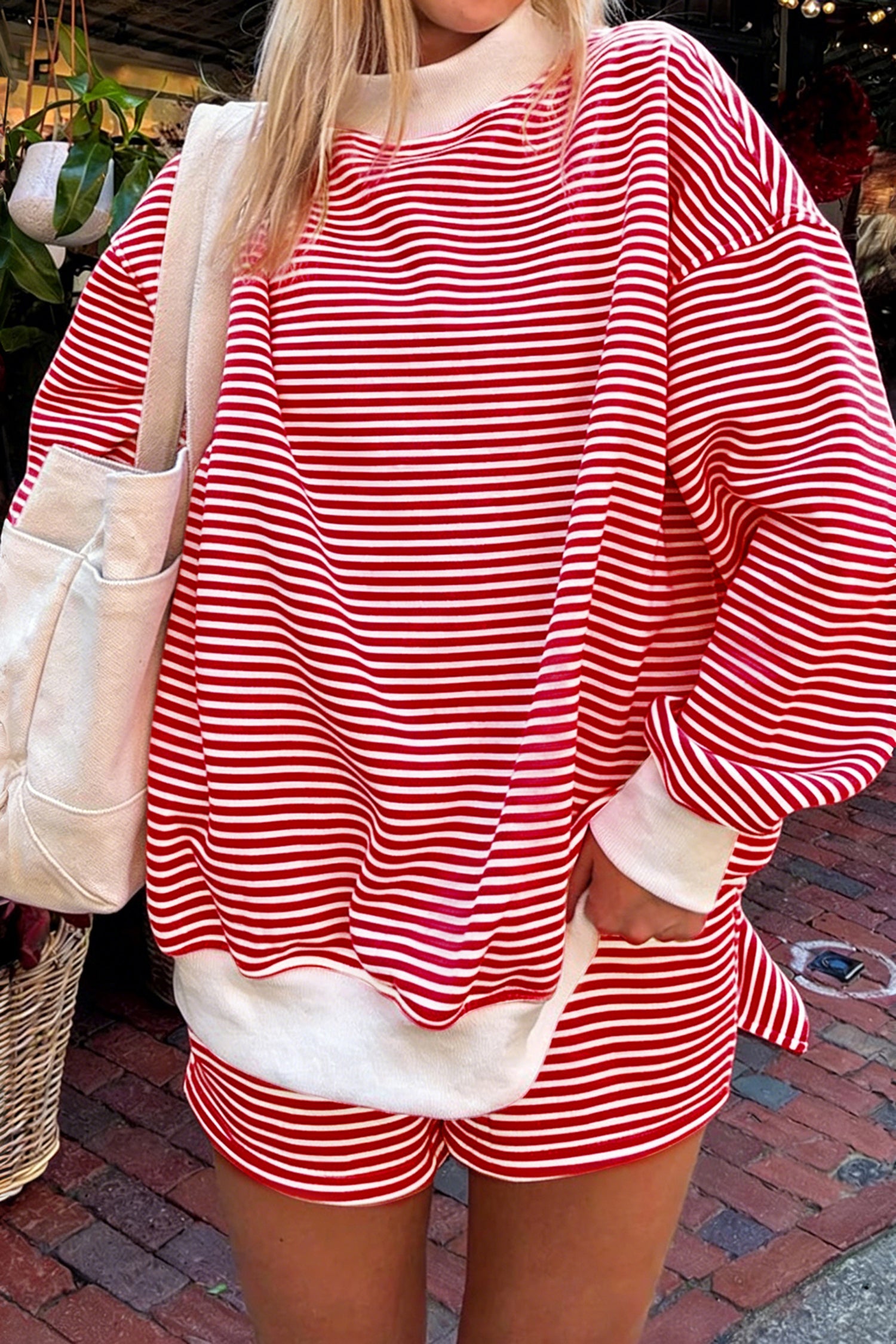 Stripe Sweatshirt Oversize Mock-Neck and Shorts Set in Red