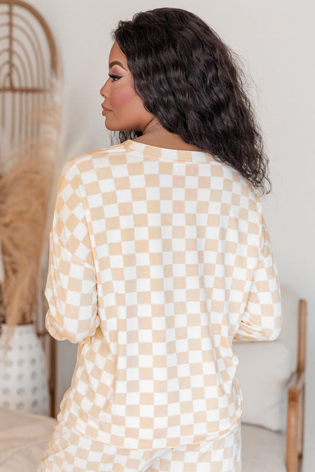 Checkered Print Long-Sleeved Top and Pants Lounge Set