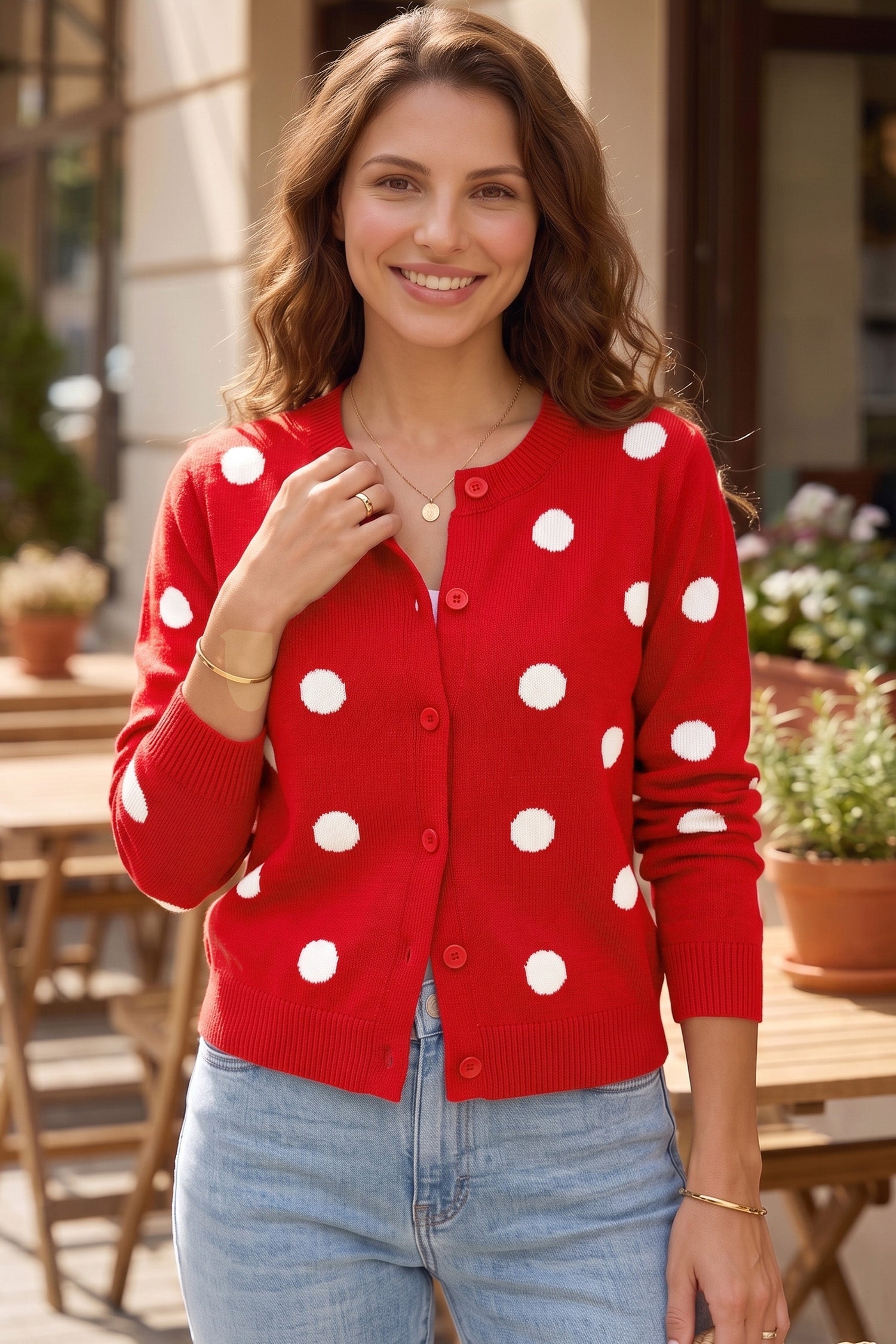 Everyday Polka-Dot Button Front Long-Sleeved Cardigan Knit Top in Fiery Red
