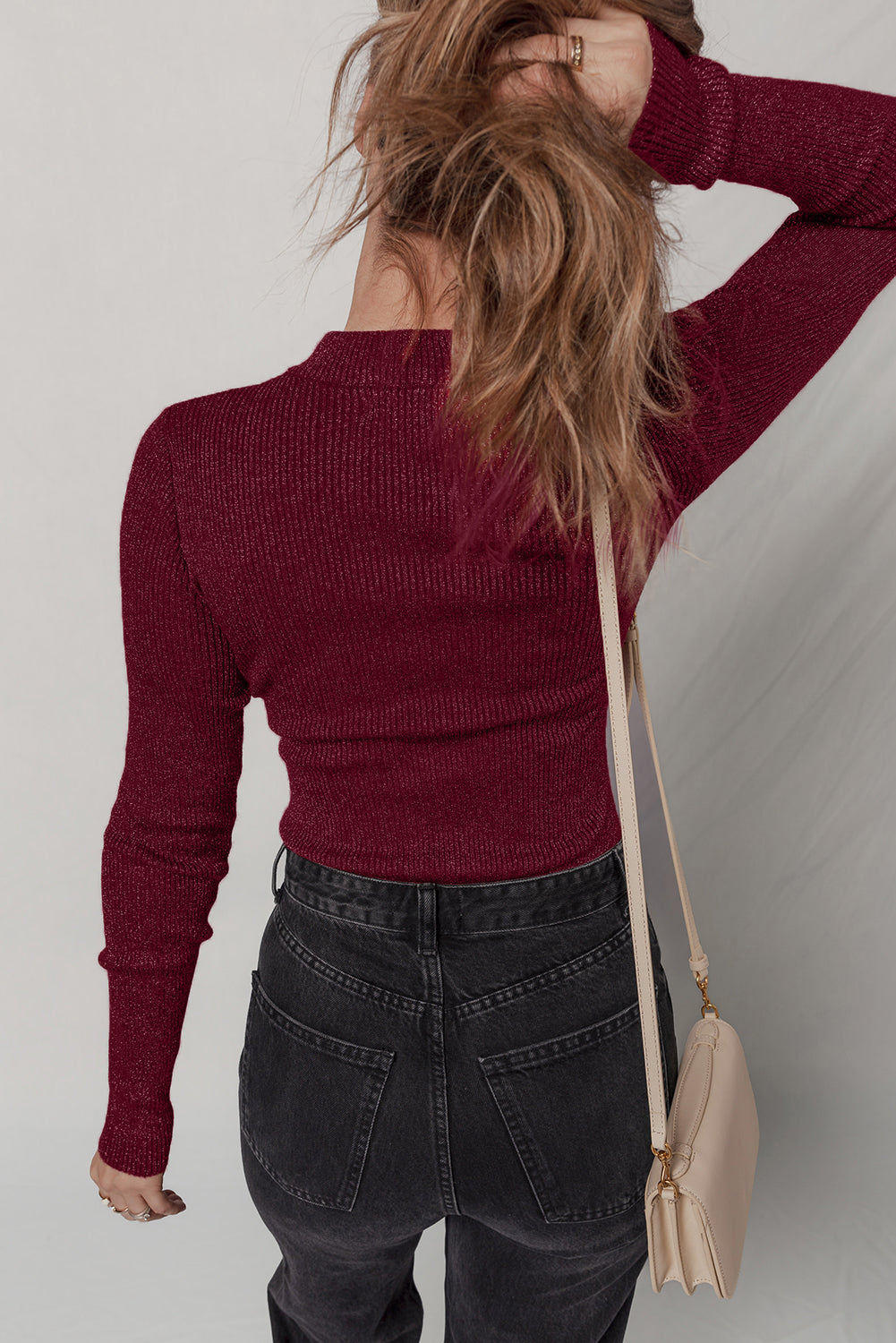 Dahlia Metal Rib-Knit Knit Long-Sleeved Slim Fit Top in Red