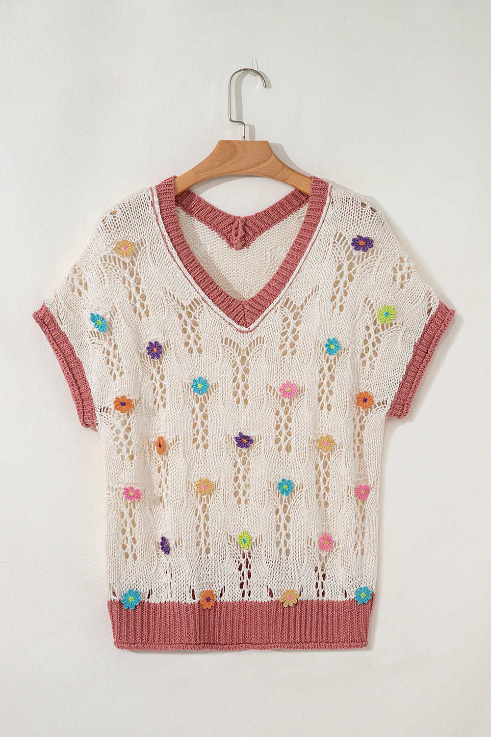Embroidered Edge Flowers Colorblock Hollowed Knit Top