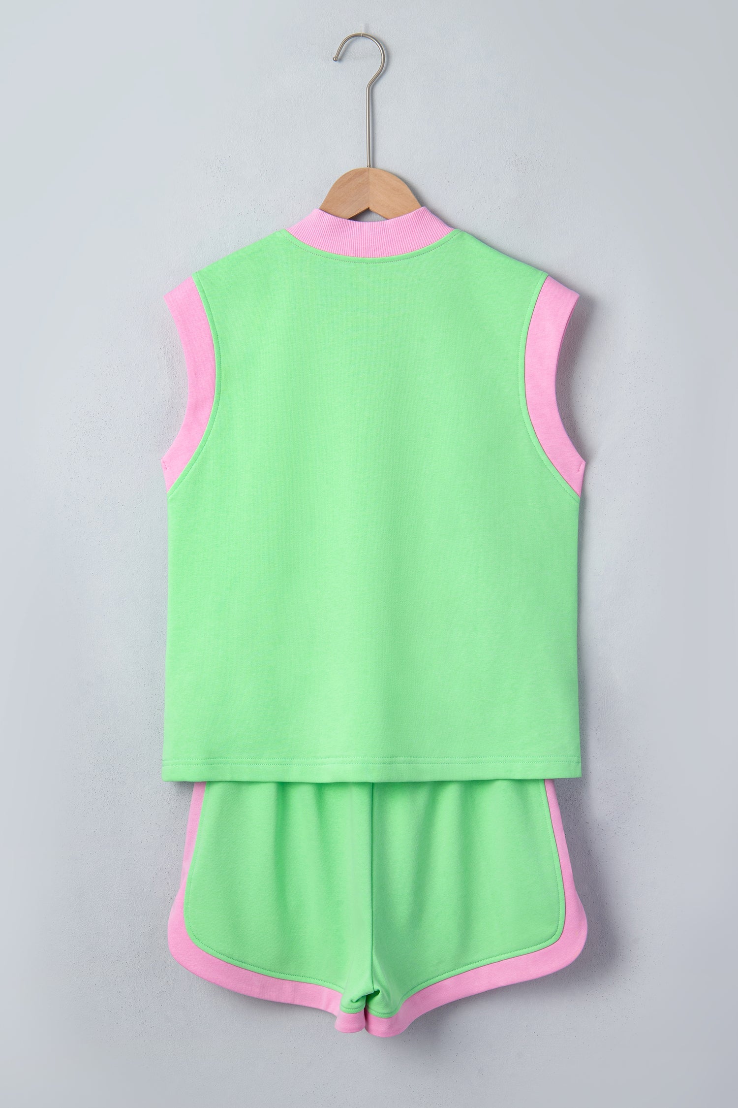 Colorblock Zip Accent Half Top Athleisure Shorts Set in Green