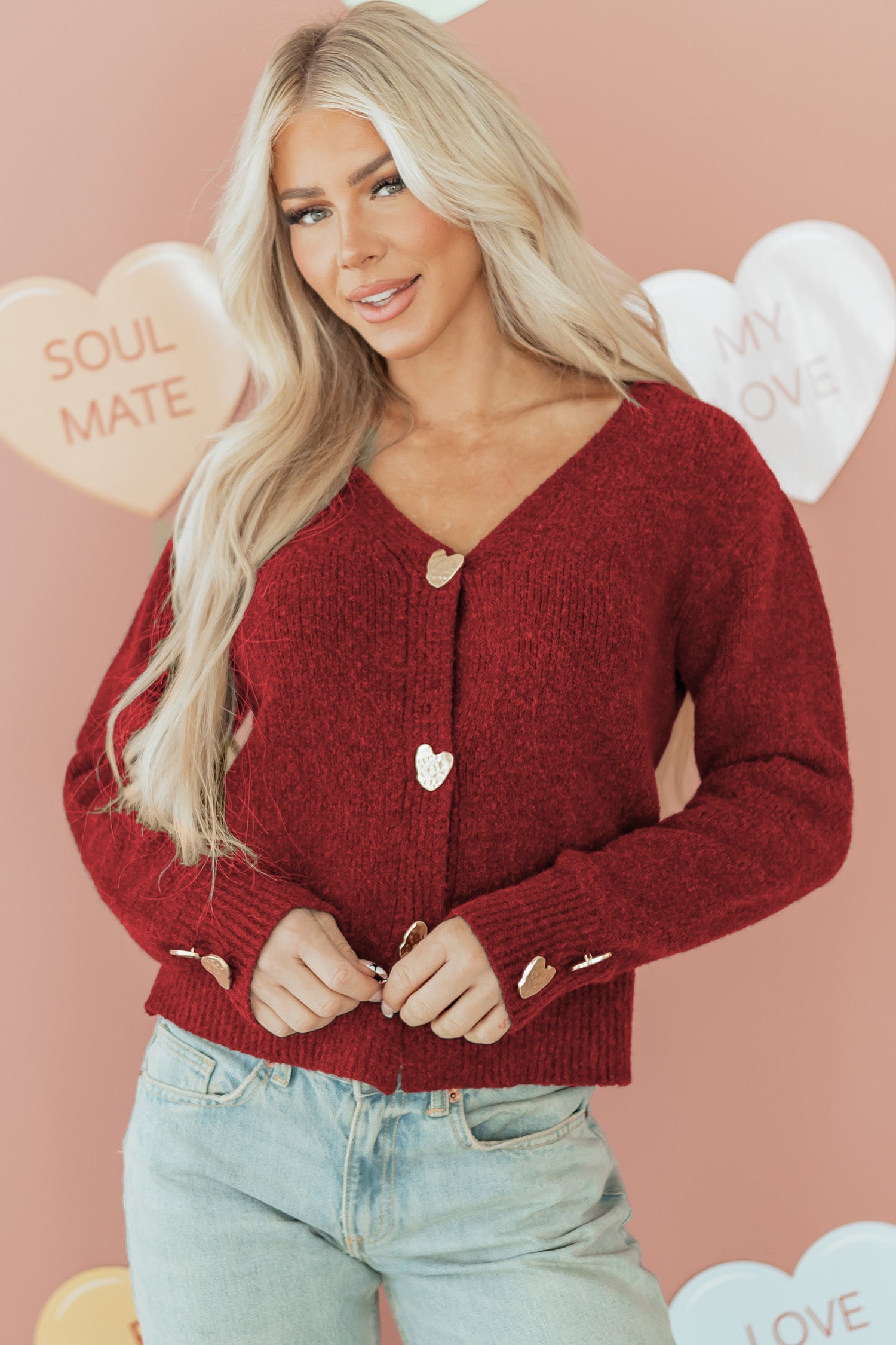 Heart V-Neck Metal Button Wool Cardigan Knit Top in Fiery Red