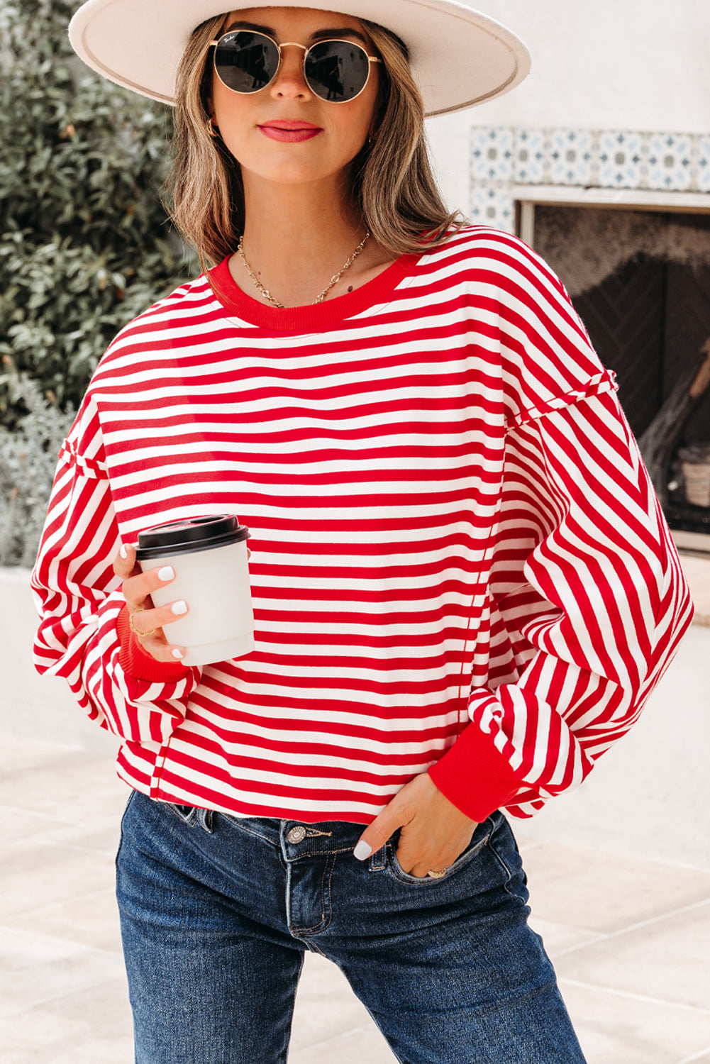 Exposed Seam Stripe Seam Cotton Everyday Pullover Top in Red