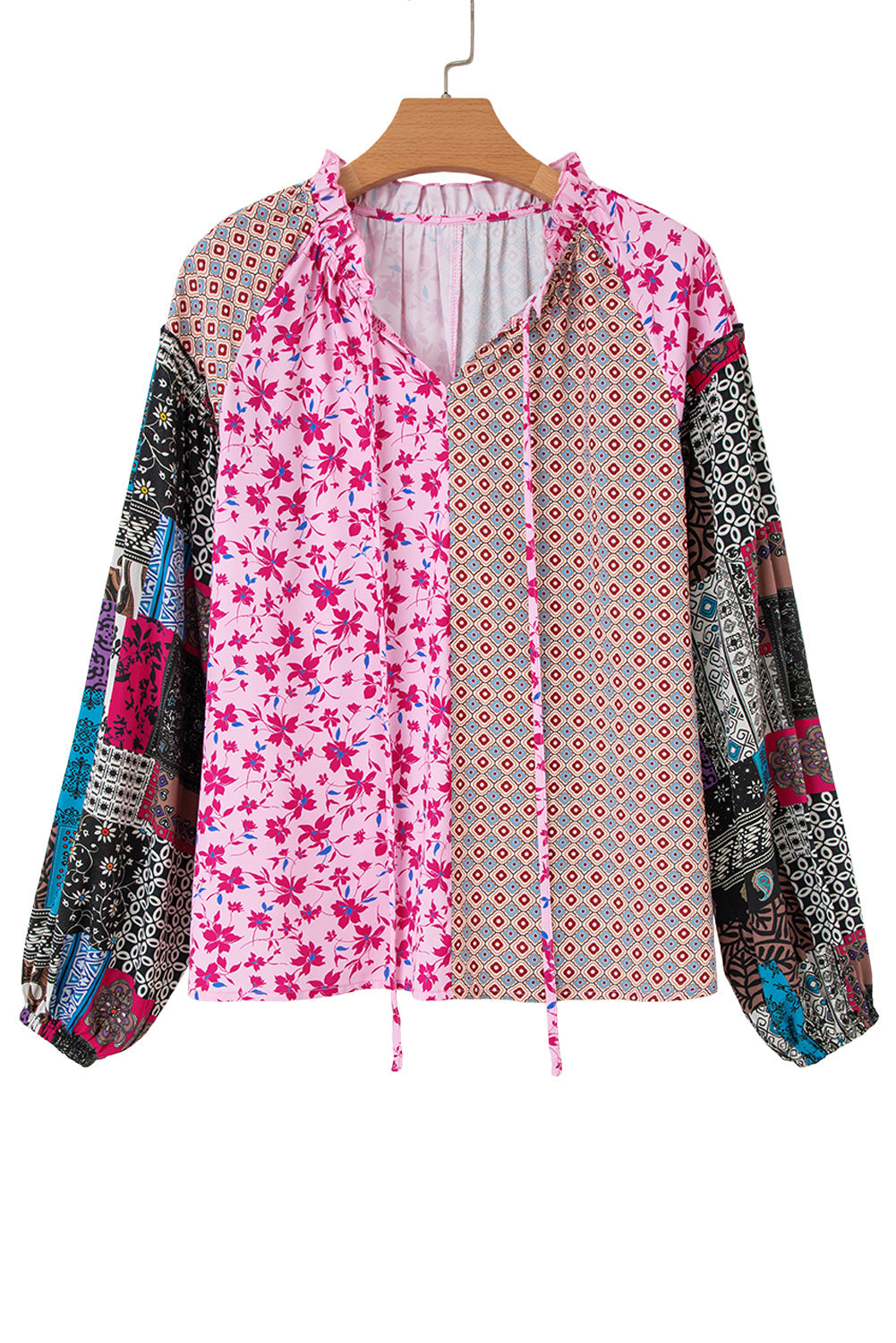 Boho Drop-Shoulder Mixed Floral Bubble Sleeve Blouse