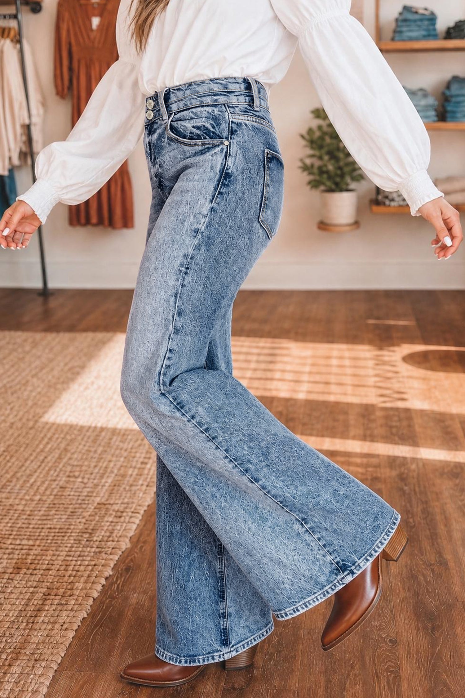 Beau Blue Fashion Blue Acid Wash Pocket Detail Flare Jeans