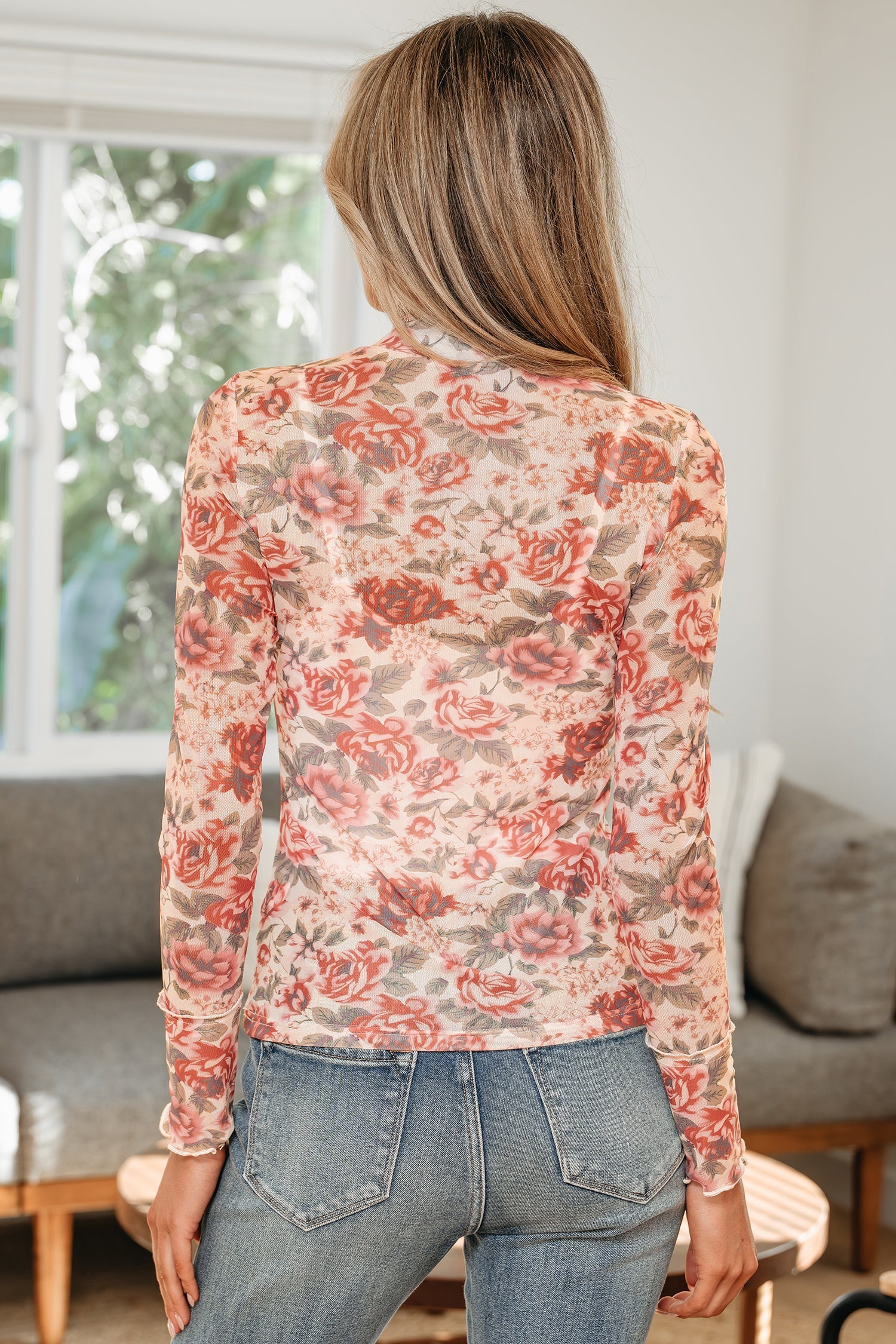 Mock-Neck Retro Floral-Print Mesh Long-Sleeved Top