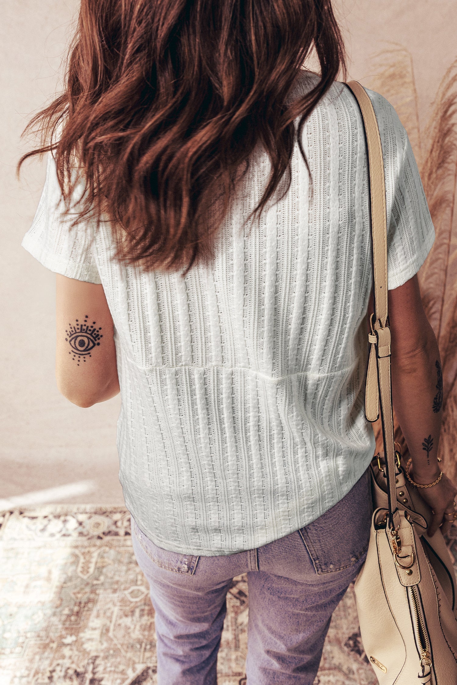 Button V-Neck Textured V-Neck Raw Seam Henley Tee in White