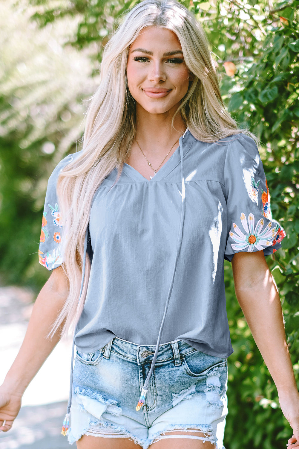 Floral Embroidered Puff Sleeve Split Neck Blouse