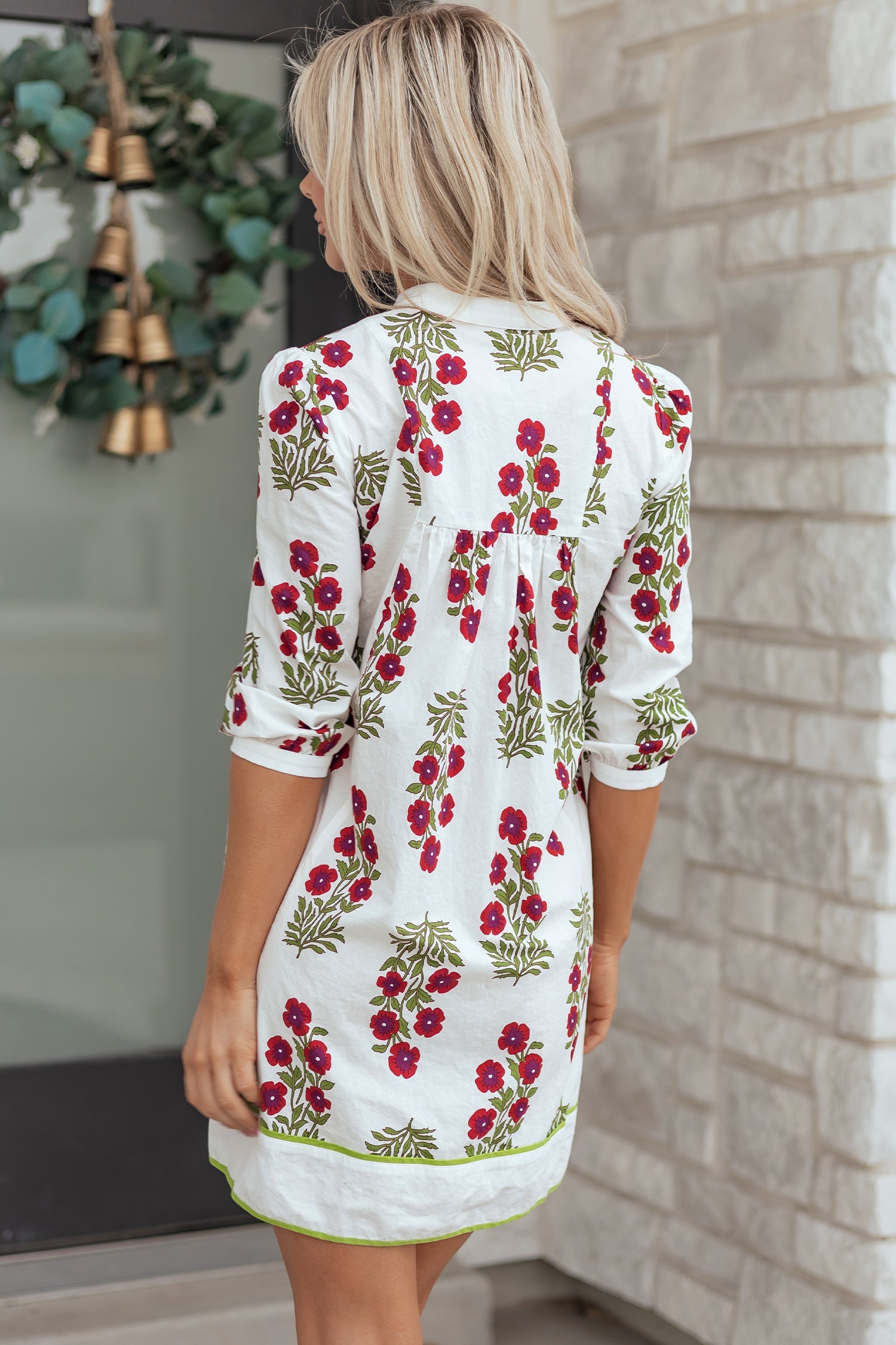 Frilled Sleeve V-Neck 3/4 Loose Floral Dress in White