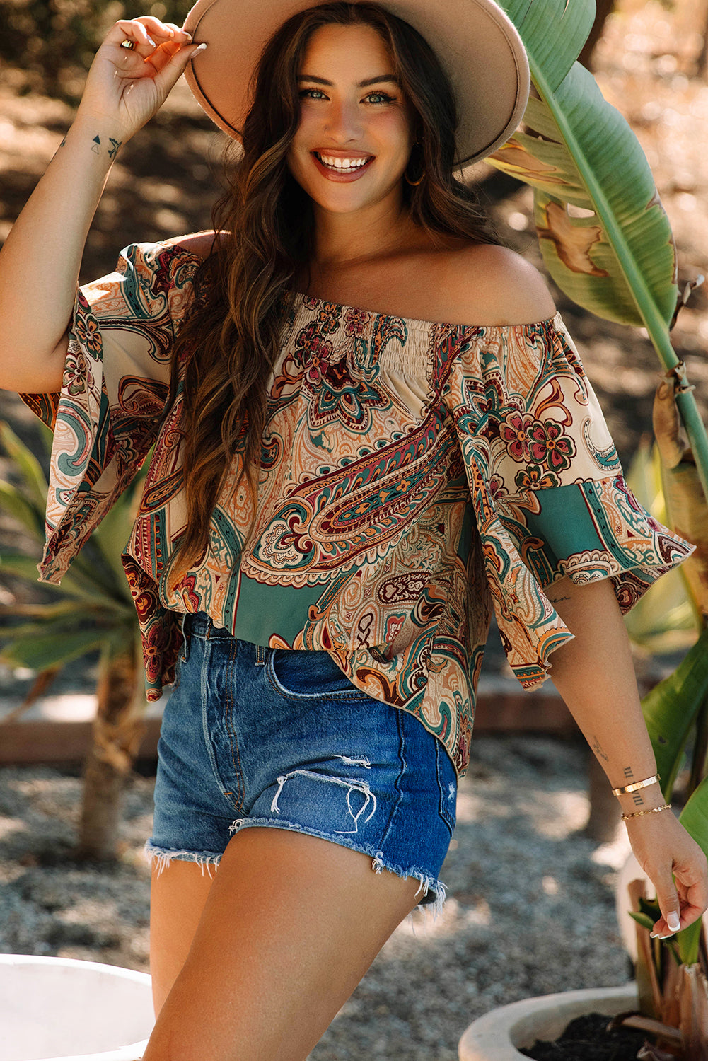 Paisley Printed Shirred Off Shoulder Blouse