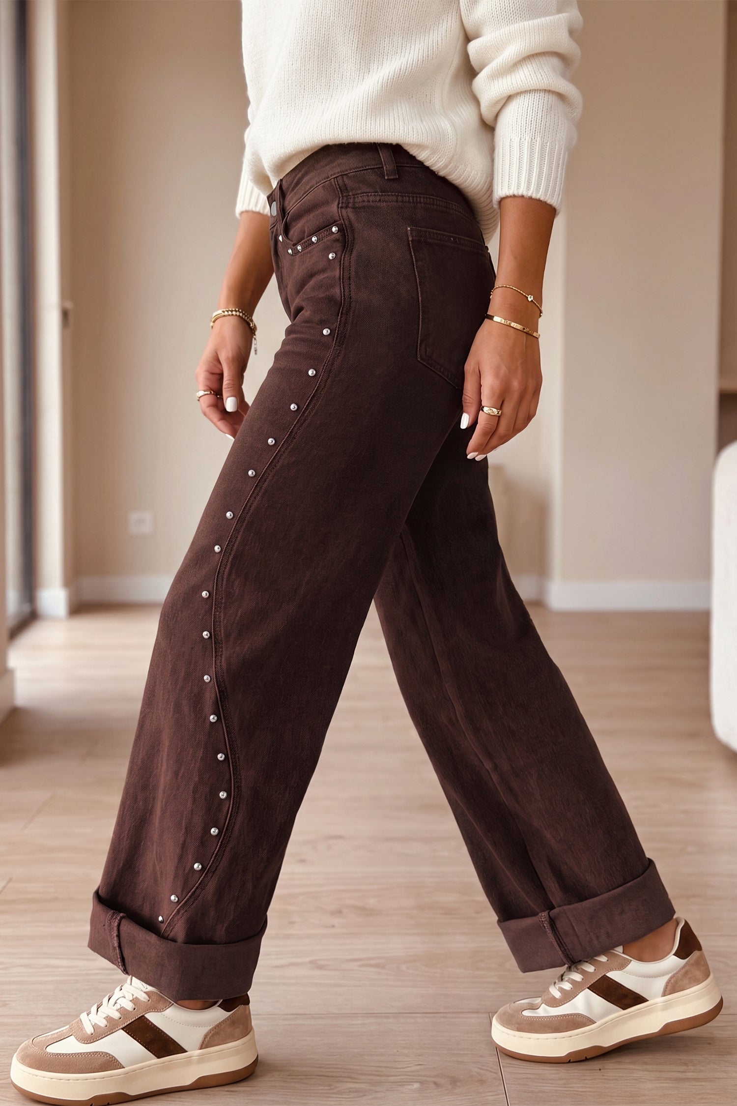 Seam Coffee Side Rivet Detail Ankle Length Everyday Jeans
