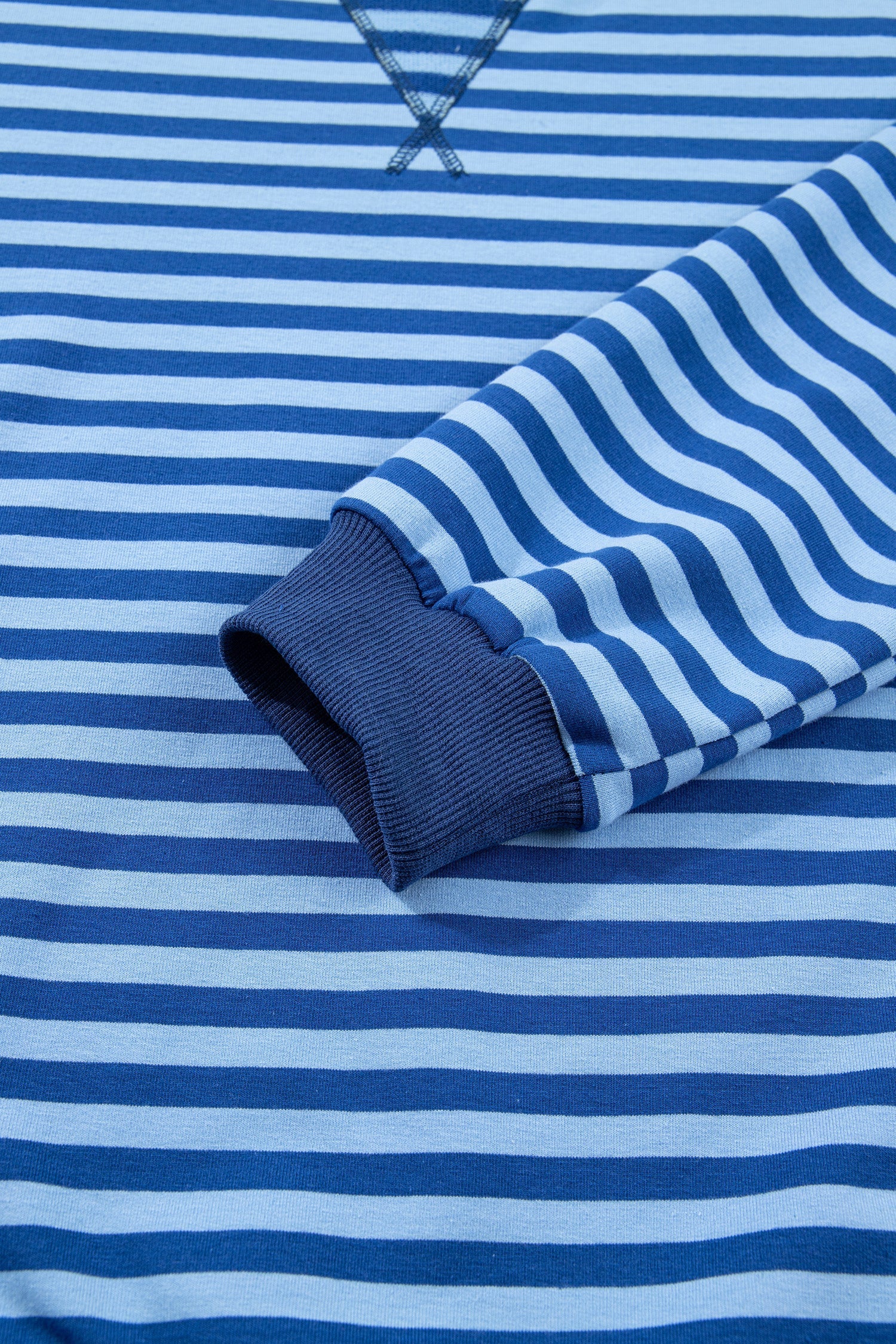 Drop-Shoulder Long-Sleeved Stripe Long-Sleeved Pullover Elastic Waist Everyday Short Set in Blue