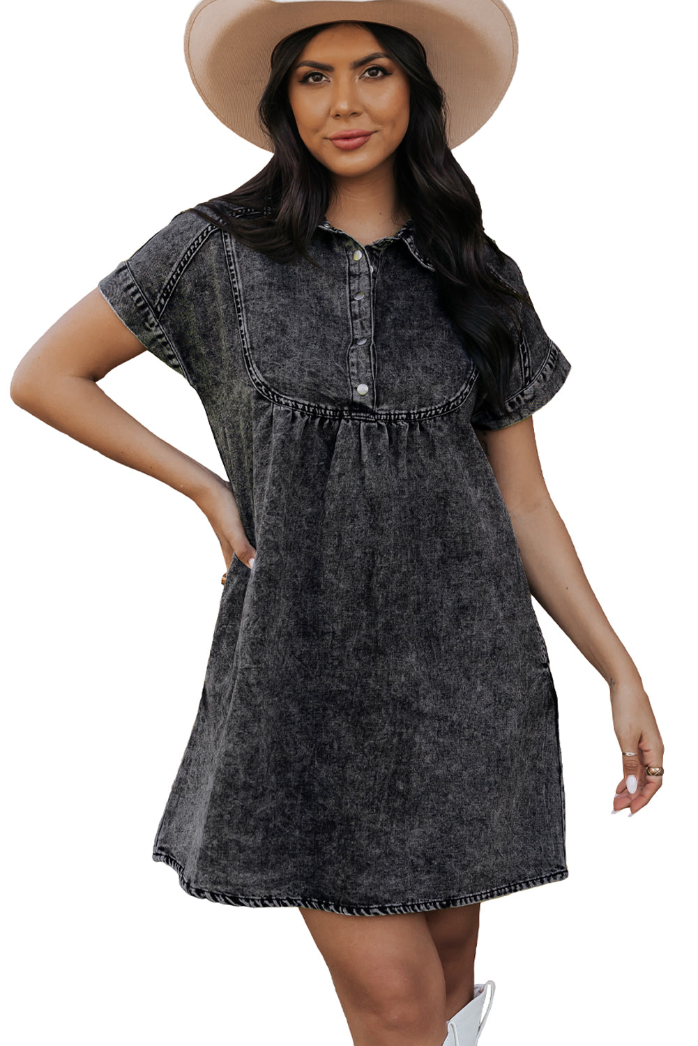 Women's Dress with Acid Wash Collared Denim
