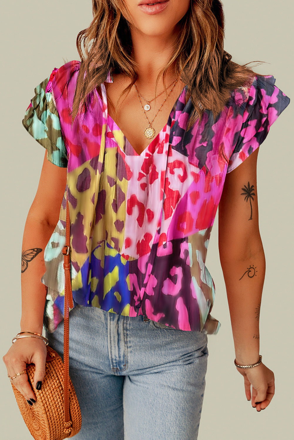 Women's Blouse Featuring Rose V Neck Crinkled